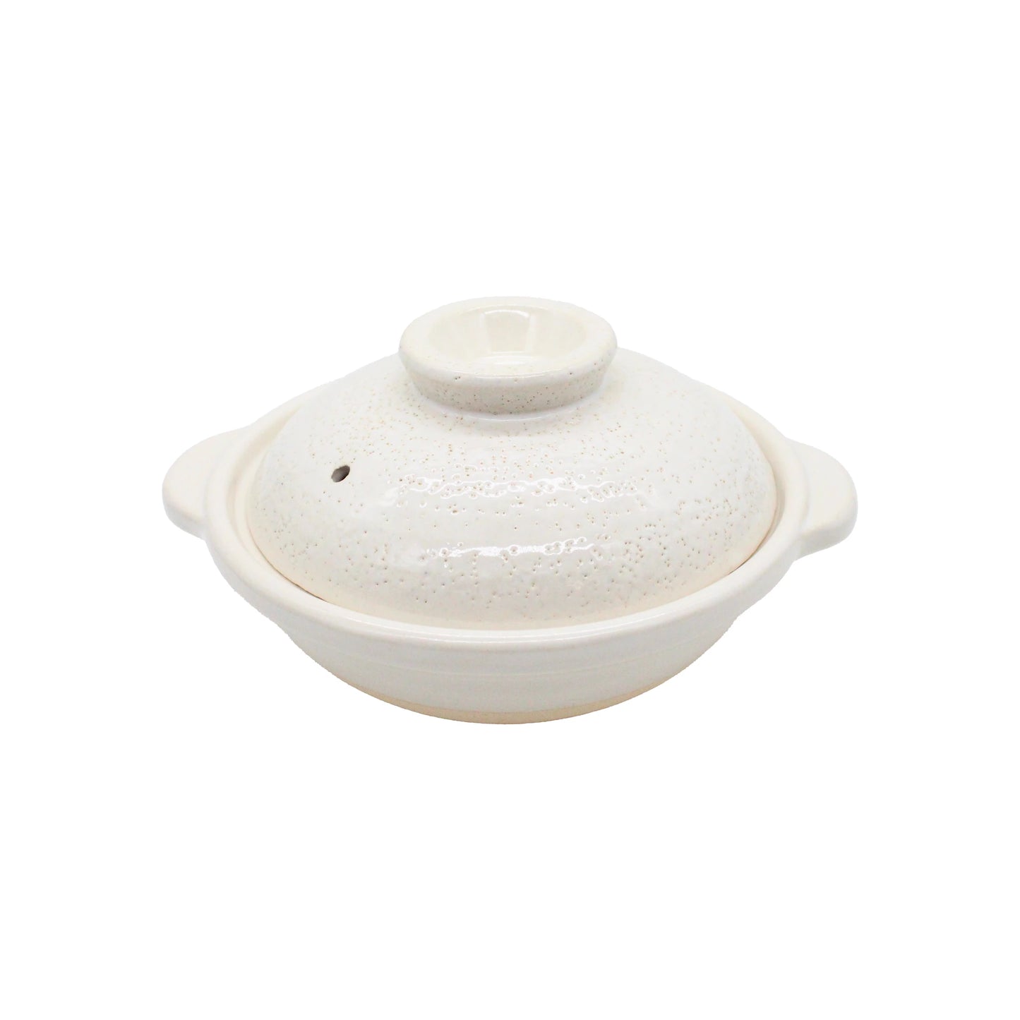 
                  
                    The Iga Clay Cooking Pots - White Glaze features a round, white donabe design with a matching lid and two side handles, expertly crafted from classic Iga clay and displayed against a plain white background.
                  
                