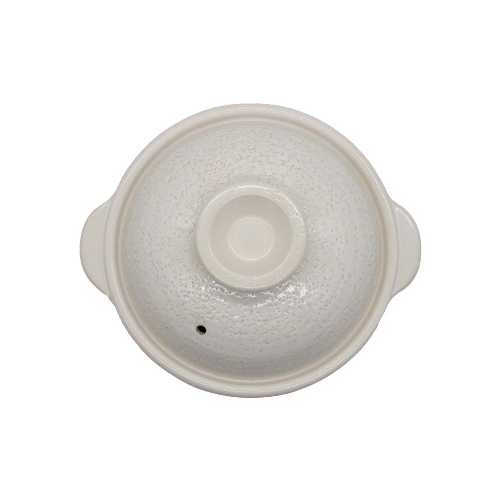 
                  
                    Top view of an Iga Clay Cooking Pot - White Glaze lid, round with two side handles and a vent hole, ideal for Japanese hotpot, shown on a plain white background.
                  
                