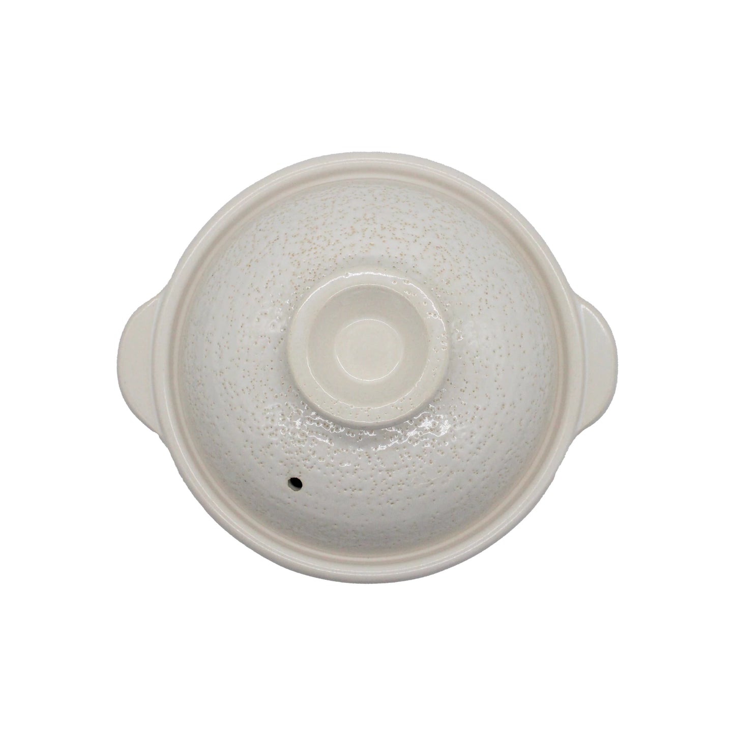 
                  
                    Top view of an Iga Clay Cooking Pot - White Glaze lid, round with two side handles and a vent hole, ideal for Japanese hotpot, shown on a plain white background.
                  
                