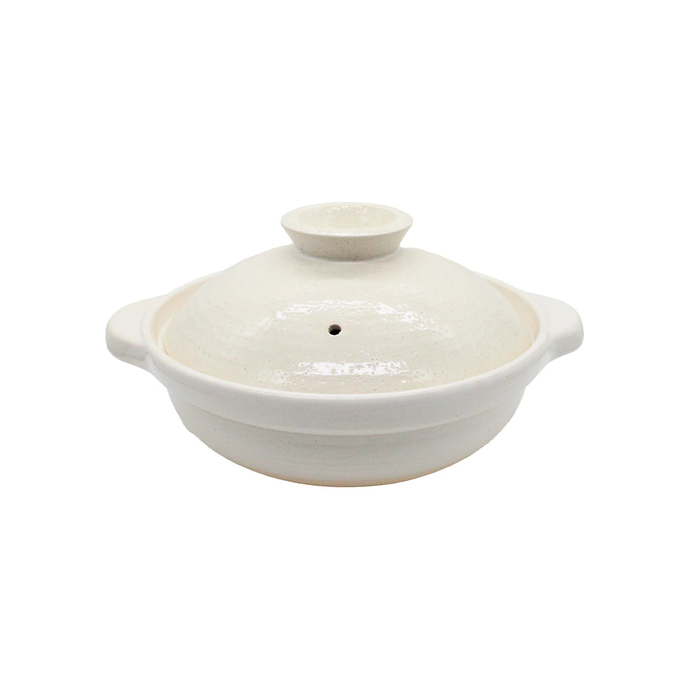 
                  
                    The Iga Clay Cooking Pots - White Glaze feature two side handles, a vented lid, and are ideal for Japanese hotpot—shown in white ceramic against a plain backdrop.
                  
                