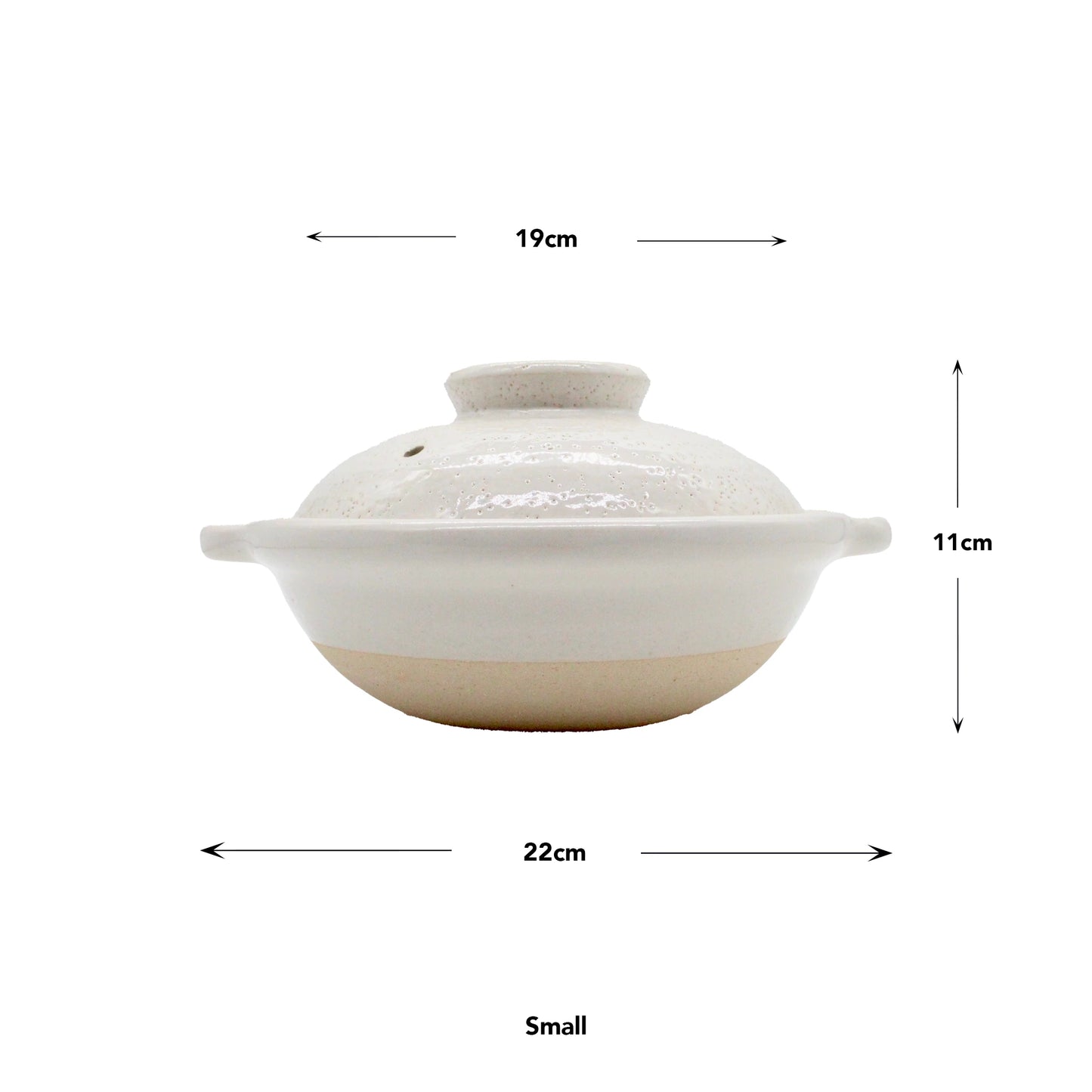 
                  
                    Iga Clay Cooking Pots - White Glaze: Small white ceramic donabe with lid, inspired by Japanese hotpot. Measures 22cm wide, 19cm diameter, and 11cm tall; arrows indicate dimensions.
                  
                