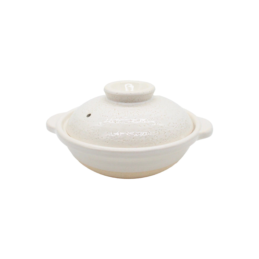 The Iga Clay Cooking Pots - White Glaze features a lidded white ceramic design with two side handles, ideal for Japanese hotpot, displayed on a plain white background.