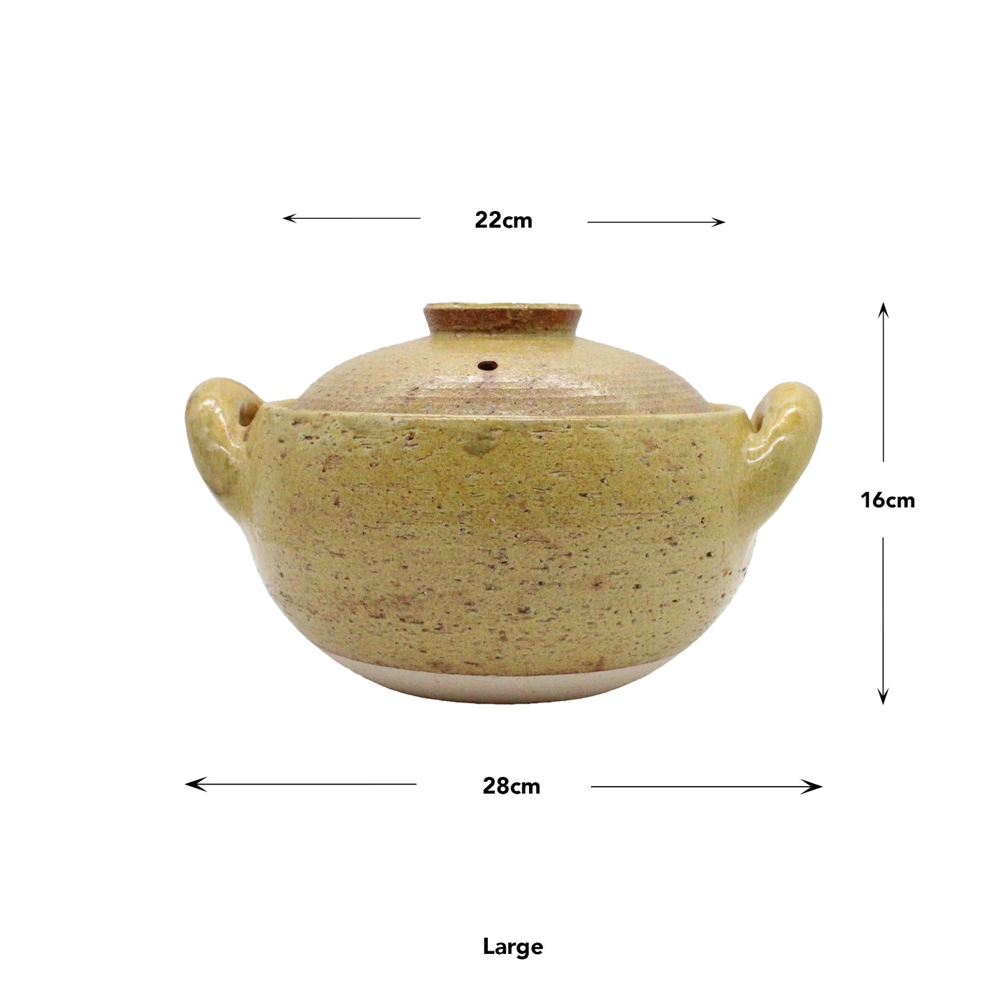 
                  
                    The Miso Soup Pot is a large, round, beige handcrafted donabe ceramic pot with two side handles and a lid, measuring 28cm wide, 22cm in diameter, and 16cm tall.
                  
                