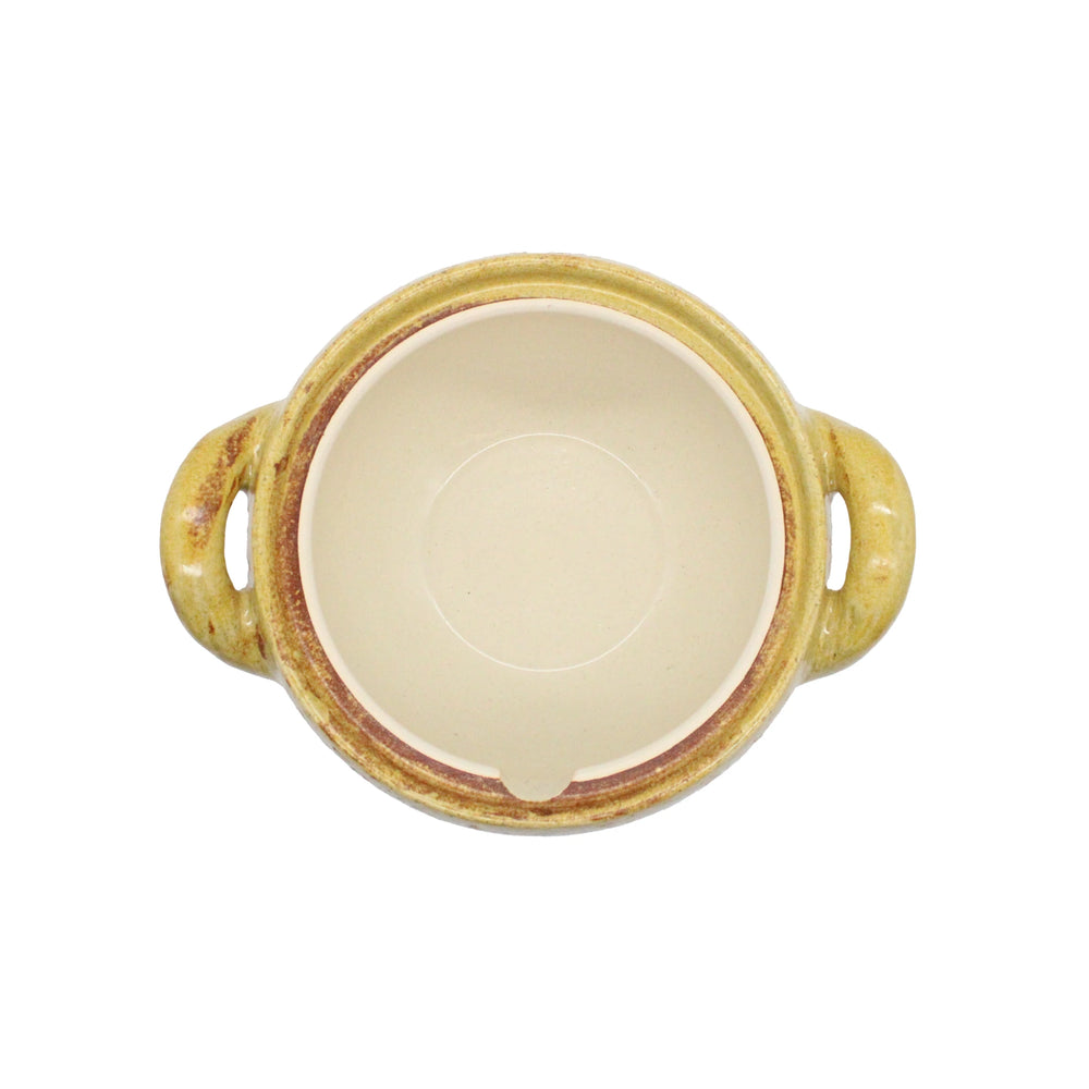 
                  
                    A top view of an empty, round Miso Soup Pot with two side handles, featuring a light beige interior and a yellowish-brown handcrafted exterior.
                  
                