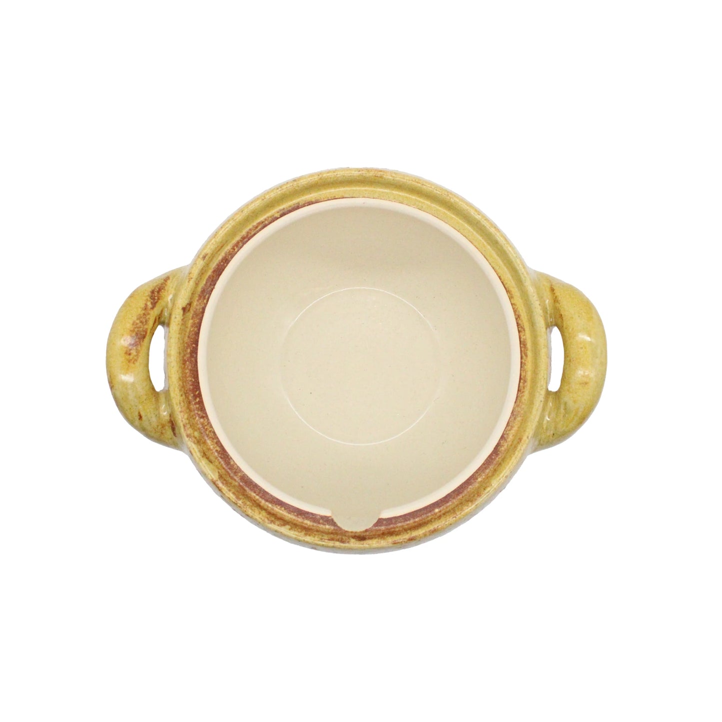 
                  
                    A top view of an empty, round Miso Soup Pot with two side handles, featuring a light beige interior and a yellowish-brown handcrafted exterior.
                  
                