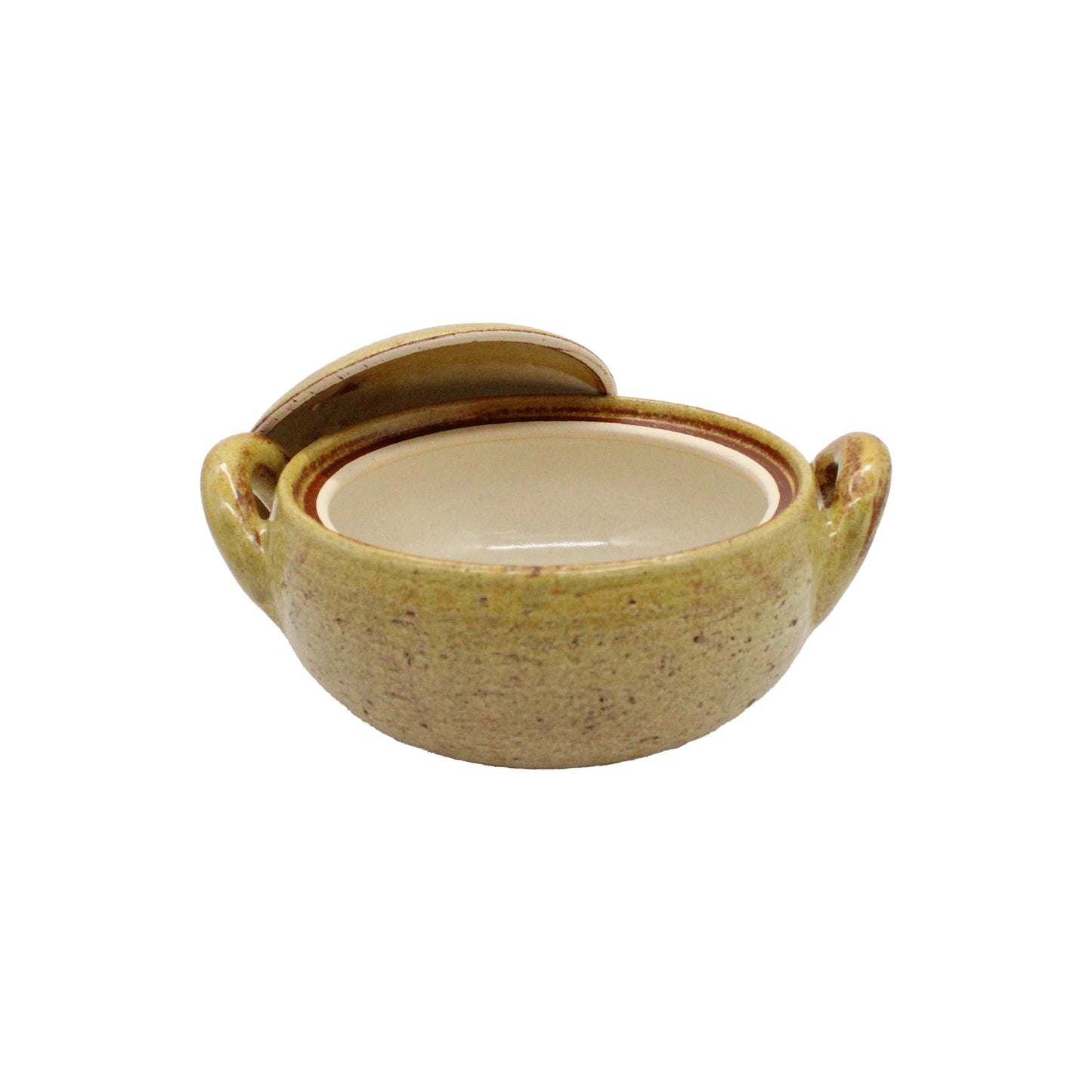
                  
                    The Miso Soup Pot is a round, handcrafted bowl with two side handles and a speckled beige glaze. Its lid is partially open, revealing the interior.
                  
                