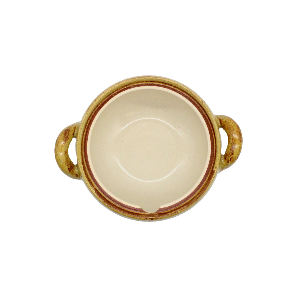 
                  
                    Overhead view of an empty Miso Soup Pot, a handcrafted ceramic bowl with two handles, a beige interior, and a brown textured rim.
                  
                