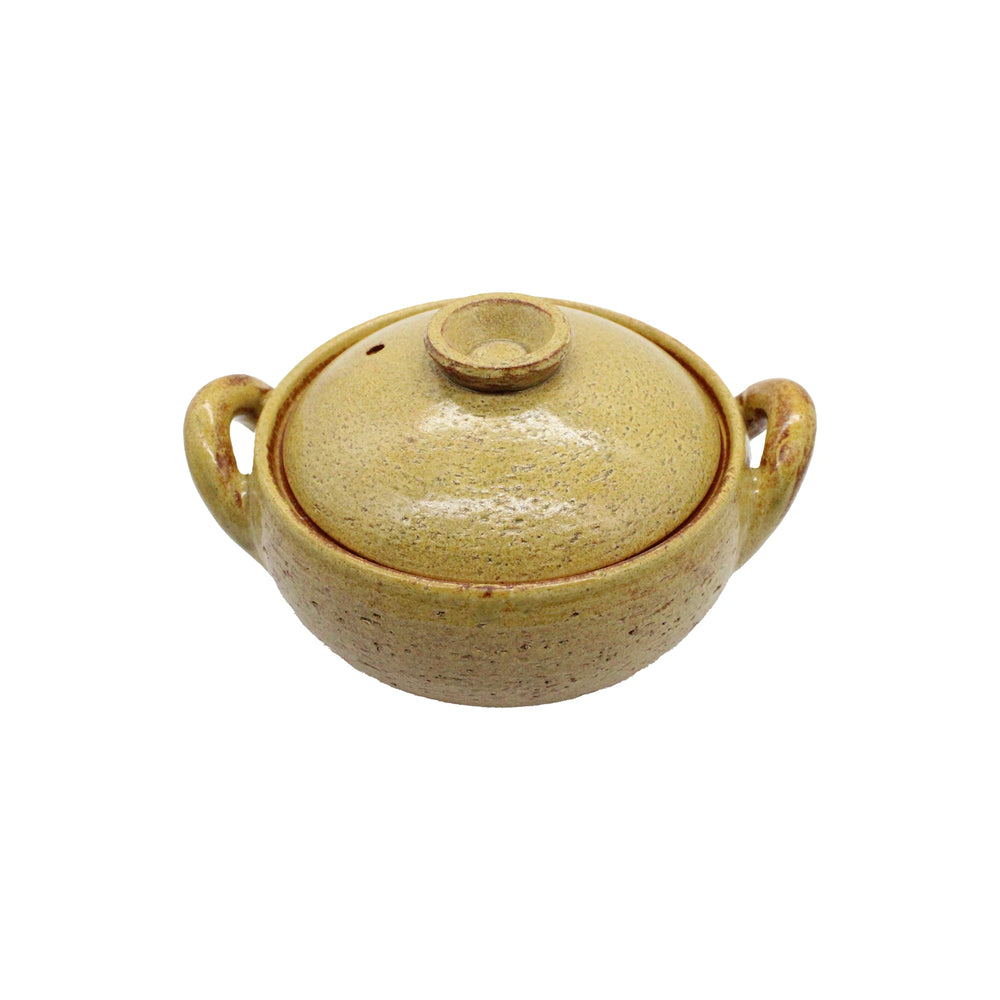 
                  
                    The Miso Soup Pot is a round, tan Japanese clay pot featuring a textured surface, two side handles, and a matching lid with a small central knob.
                  
                