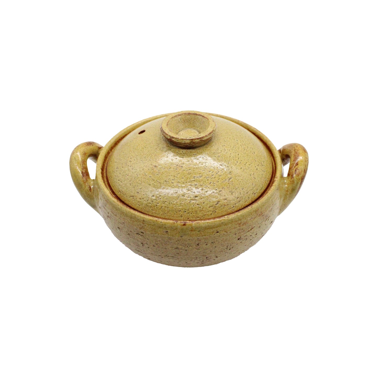 
                  
                    The Miso Soup Pot is a round, tan Japanese clay pot featuring a textured surface, two side handles, and a matching lid with a small central knob.
                  
                