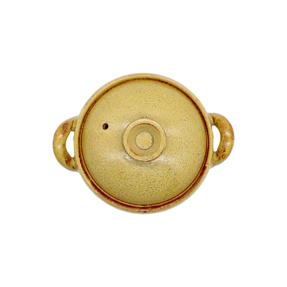 
                  
                    Top view of a round, brown Miso Soup Pot made of Japanese clay, featuring two side handles and a matching lid, set against a white background.
                  
                