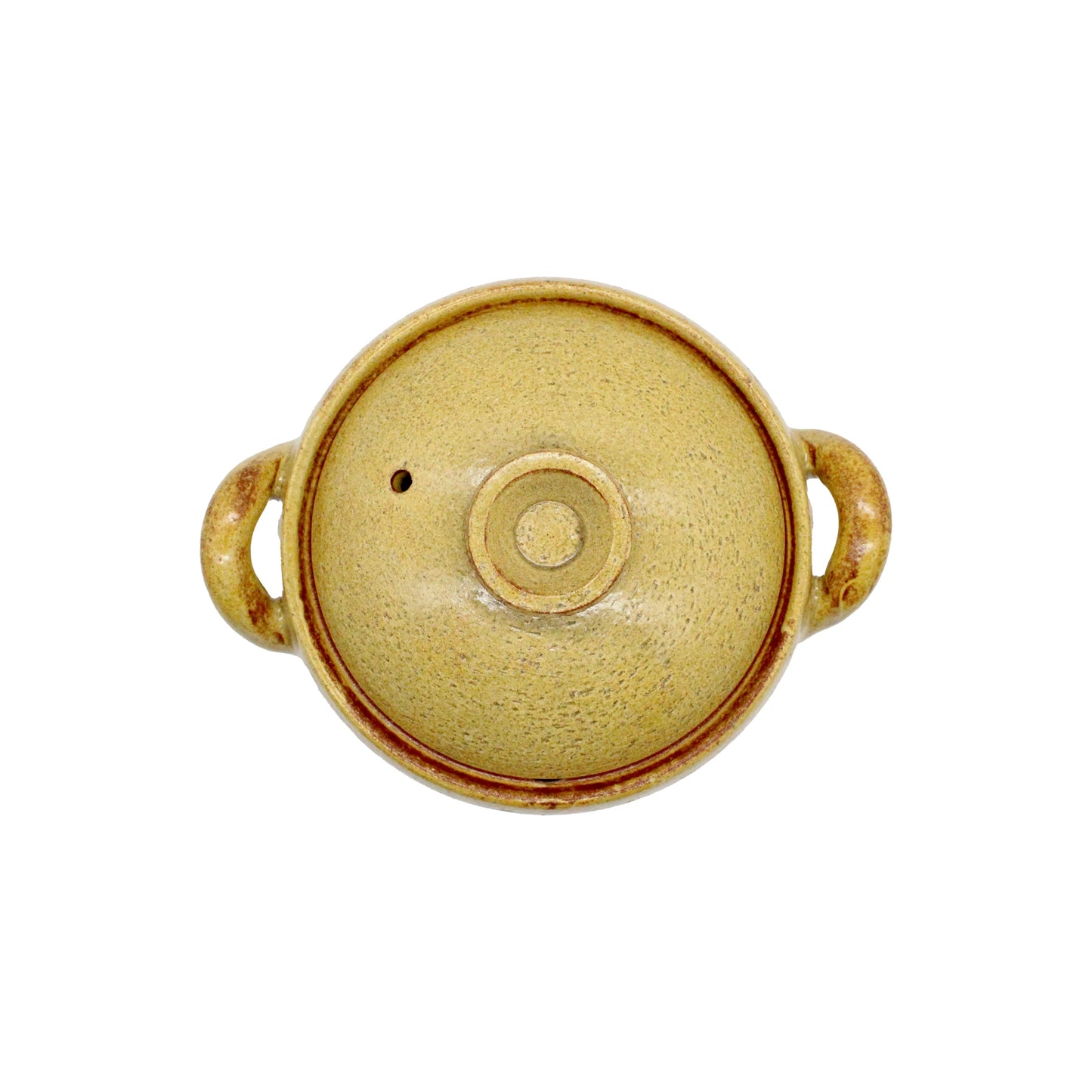 
                  
                    Top view of a round, brown Miso Soup Pot made of Japanese clay, featuring two side handles and a matching lid, set against a white background.
                  
                