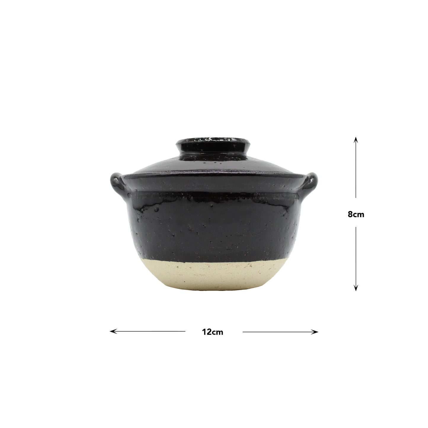 
                  
                    Mini Donabe Pot - Black: This black and beige ceramic Iga ware mini donabe pot features a lid, two handles, and traditional Japanese earthenware craftsmanship. Measuring 12 cm wide by 8 cm tall, it is shown with labeled dimensions.
                  
                