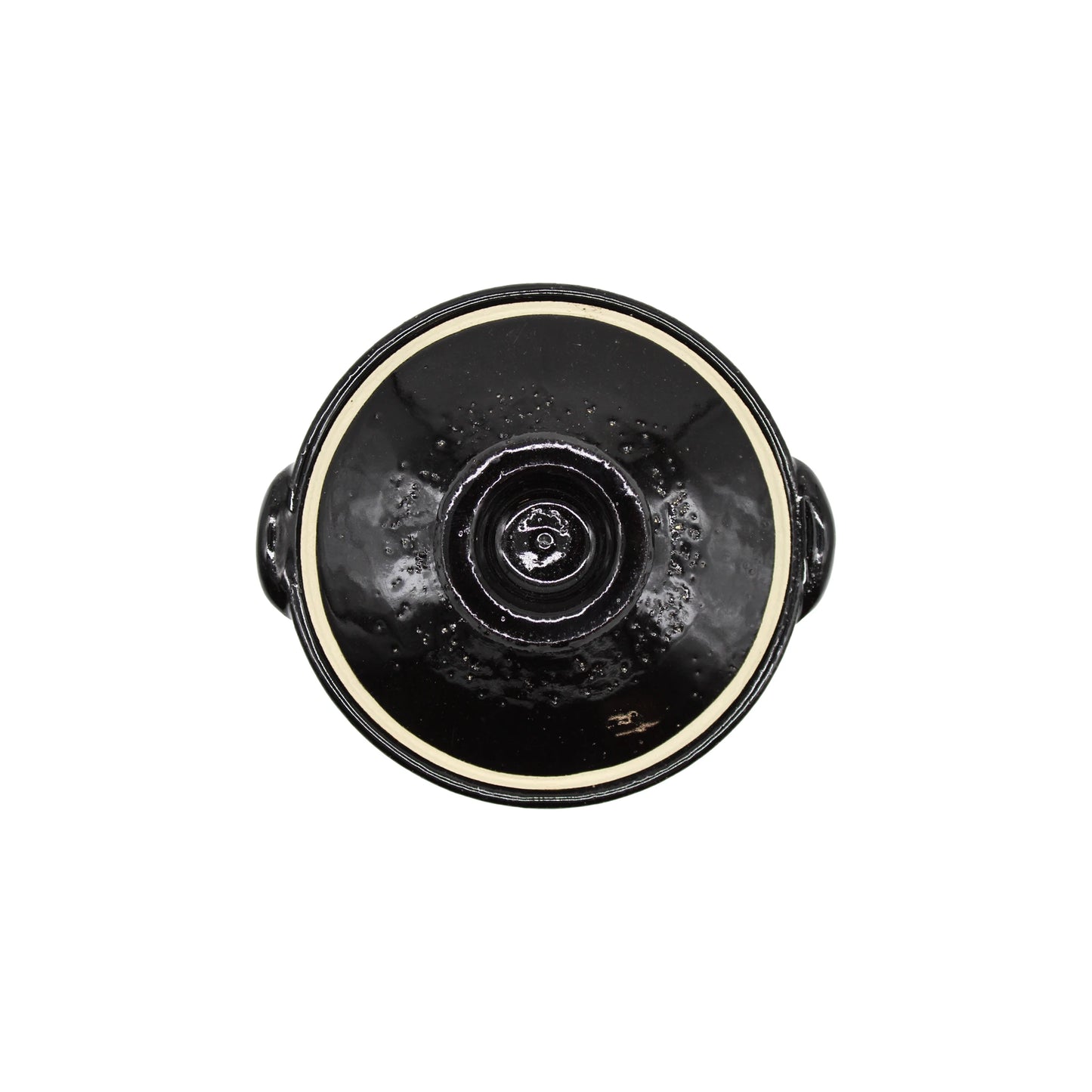 
                  
                    Mini Donabe Pot - Black photographed from above, featuring a round lid with a cream-colored rim and two small side handles—an elegant example of Iga ware Japanese earthenware, ideal for individual servings.
                  
                