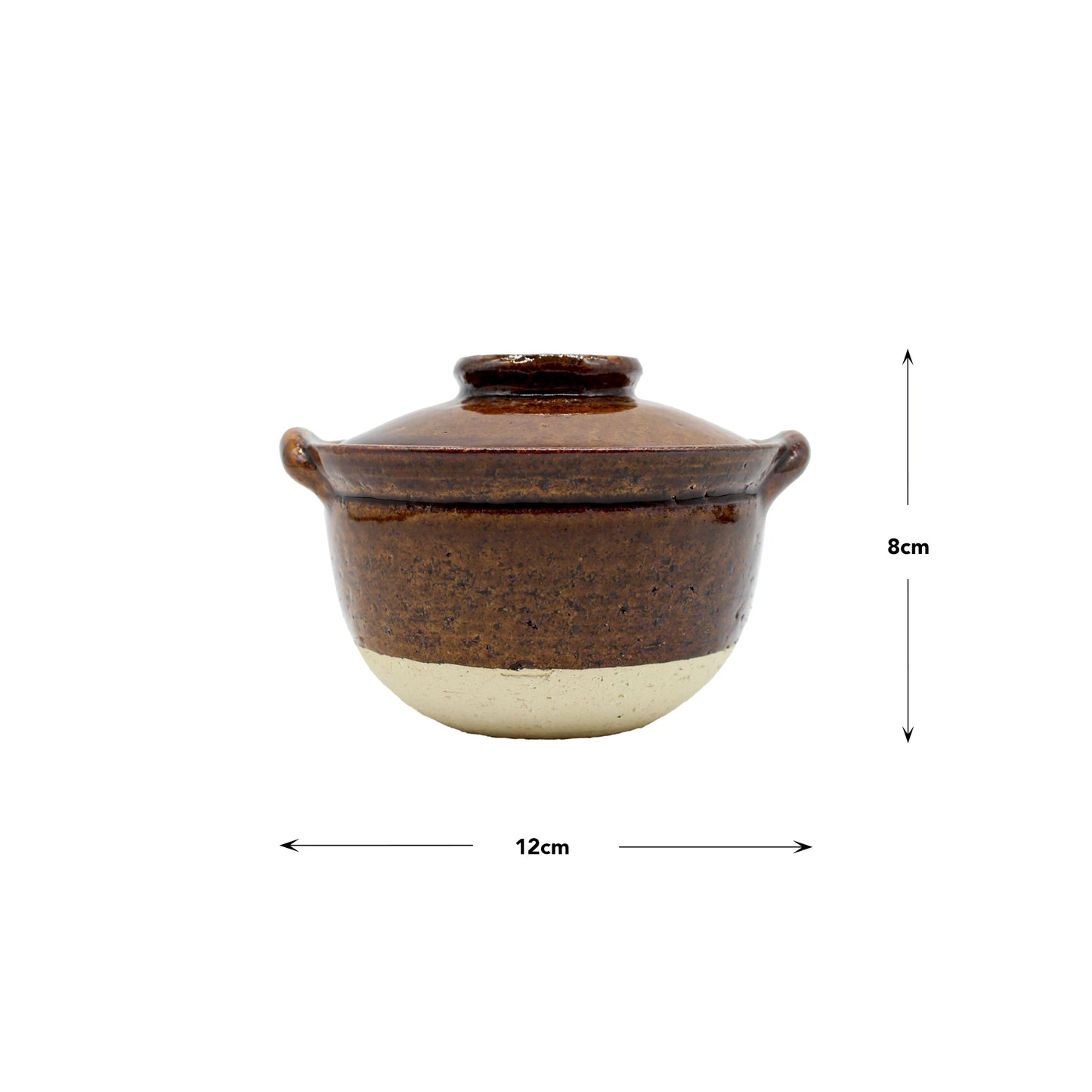 
                  
                    The Mini Donabe Pot - Ame is a brown ceramic pot with a lid and two small handles. It measures 12 cm in width and 8 cm in height. The lower portion features a lighter beige color, adding contrast to its design. Inspired by traditional Japanese tableware, this charming pot is perfect for serving individual portions.
                  
                