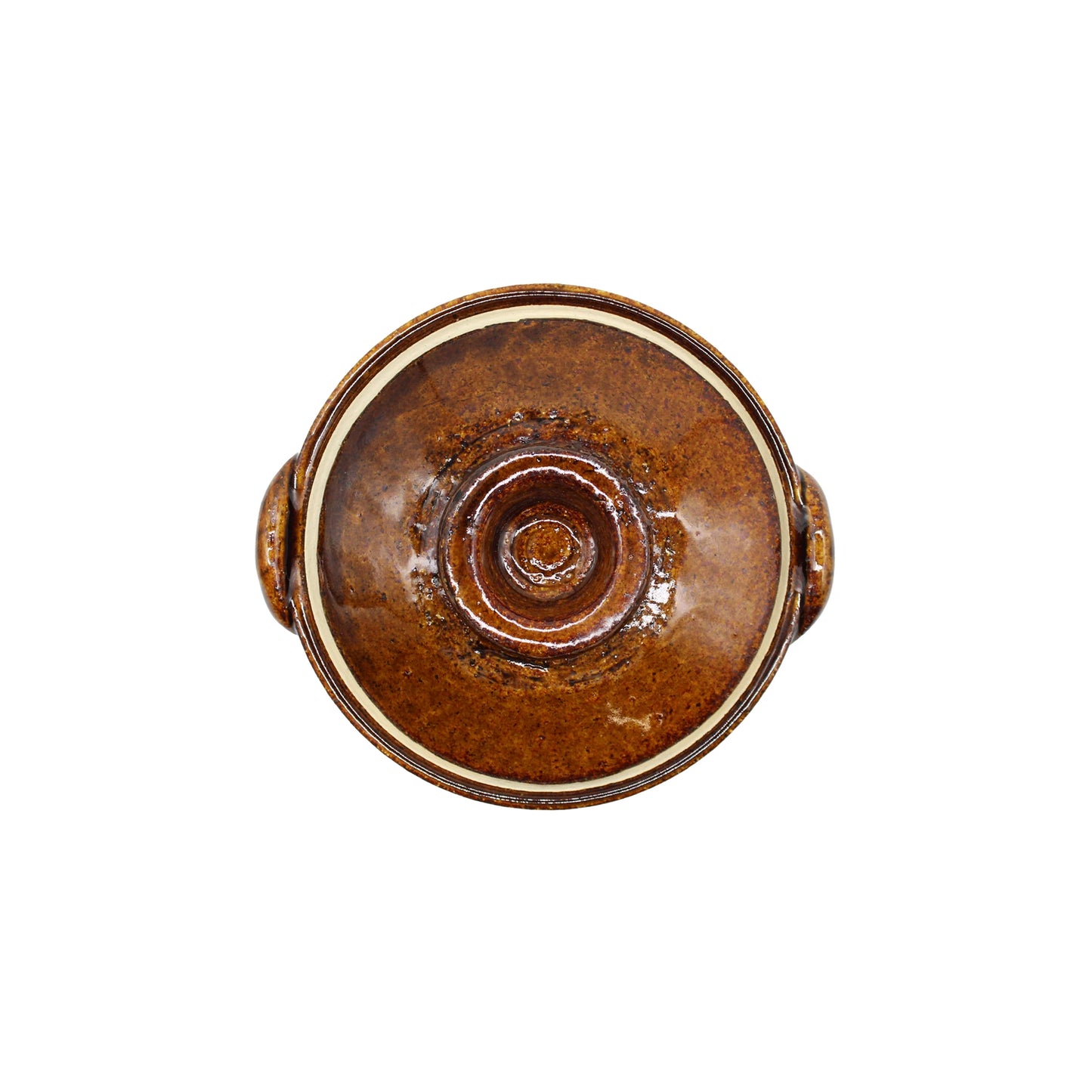 
                  
                    Top view of the Mini Donabe Pot - Ame, a round, brown Iga ware ceramic bowl featuring a glazed finish and two small side handles, reminiscent of traditional Japanese donabe cookware, set against a white background—an exquisite piece of handmade Japanese tableware.
                  
                