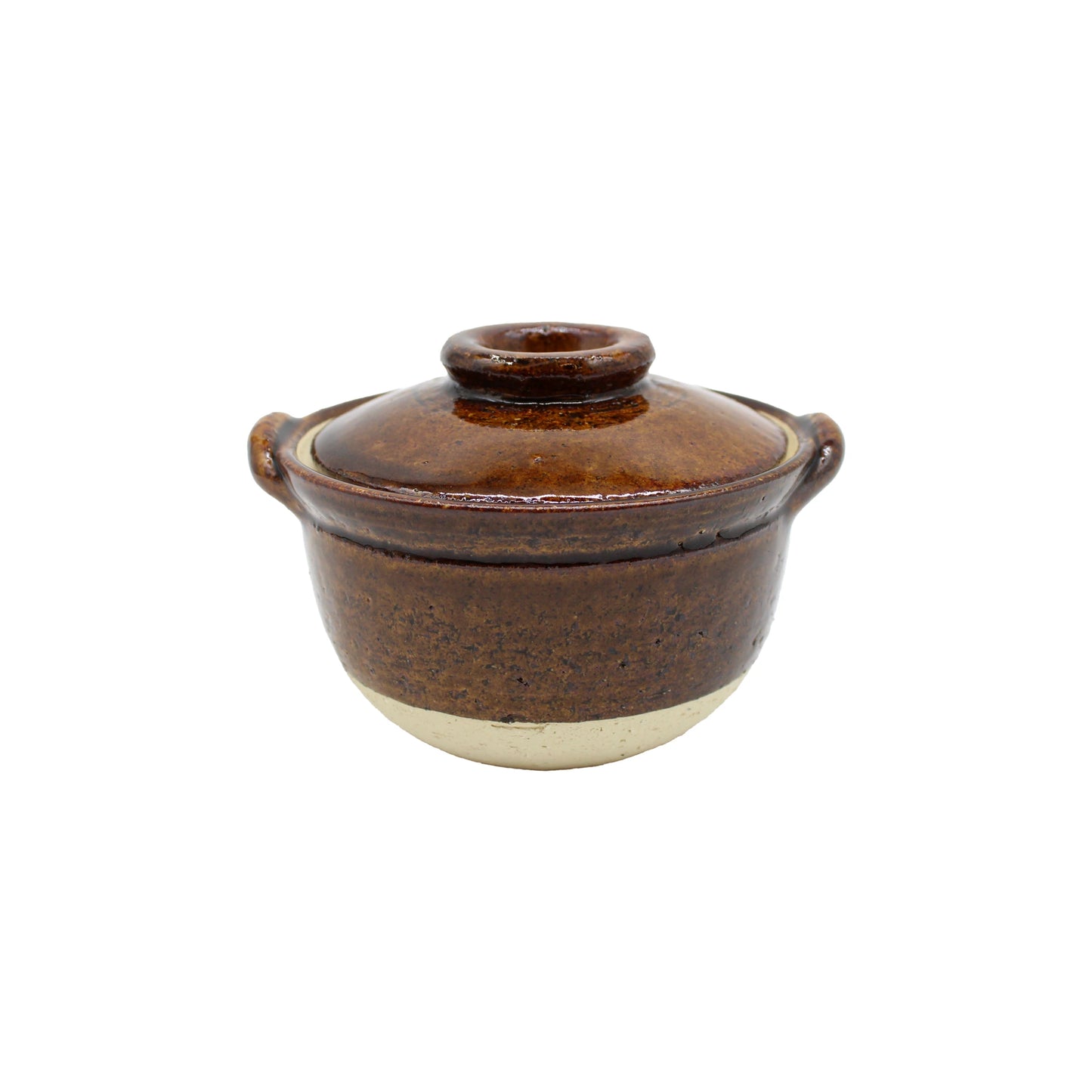 
                  
                    The Mini Donabe Pot - Ame is a small, round, brown ceramic pot featuring two side handles and a matching lid, shown against a white background.
                  
                