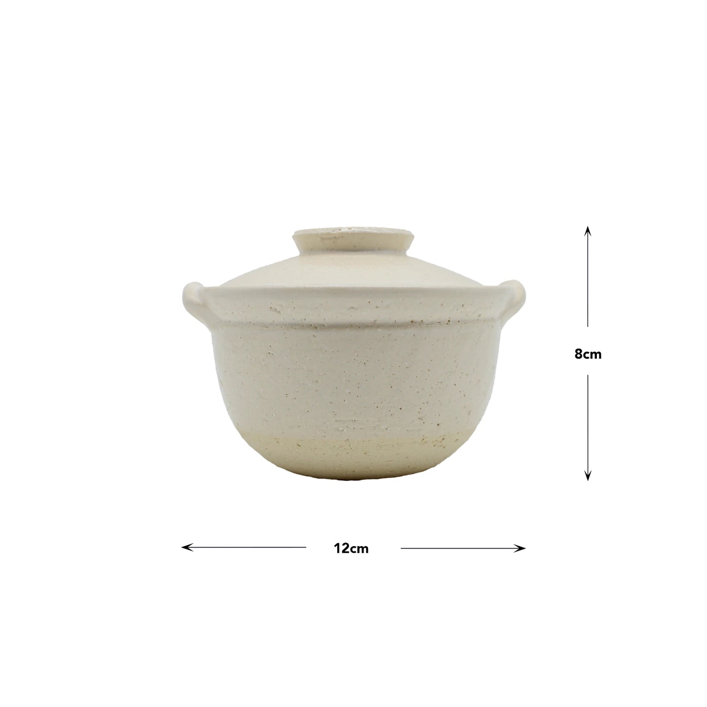 
                  
                    Mini Donabe Pot - White with lid, photographed head-on with arrows indicating its dimensions: 12 cm wide and 8 cm tall. Inspired by traditional Japanese tableware, this ceramic mini donabe pot is perfect for individual servings and brings an authentic touch to your dining experience.
                  
                