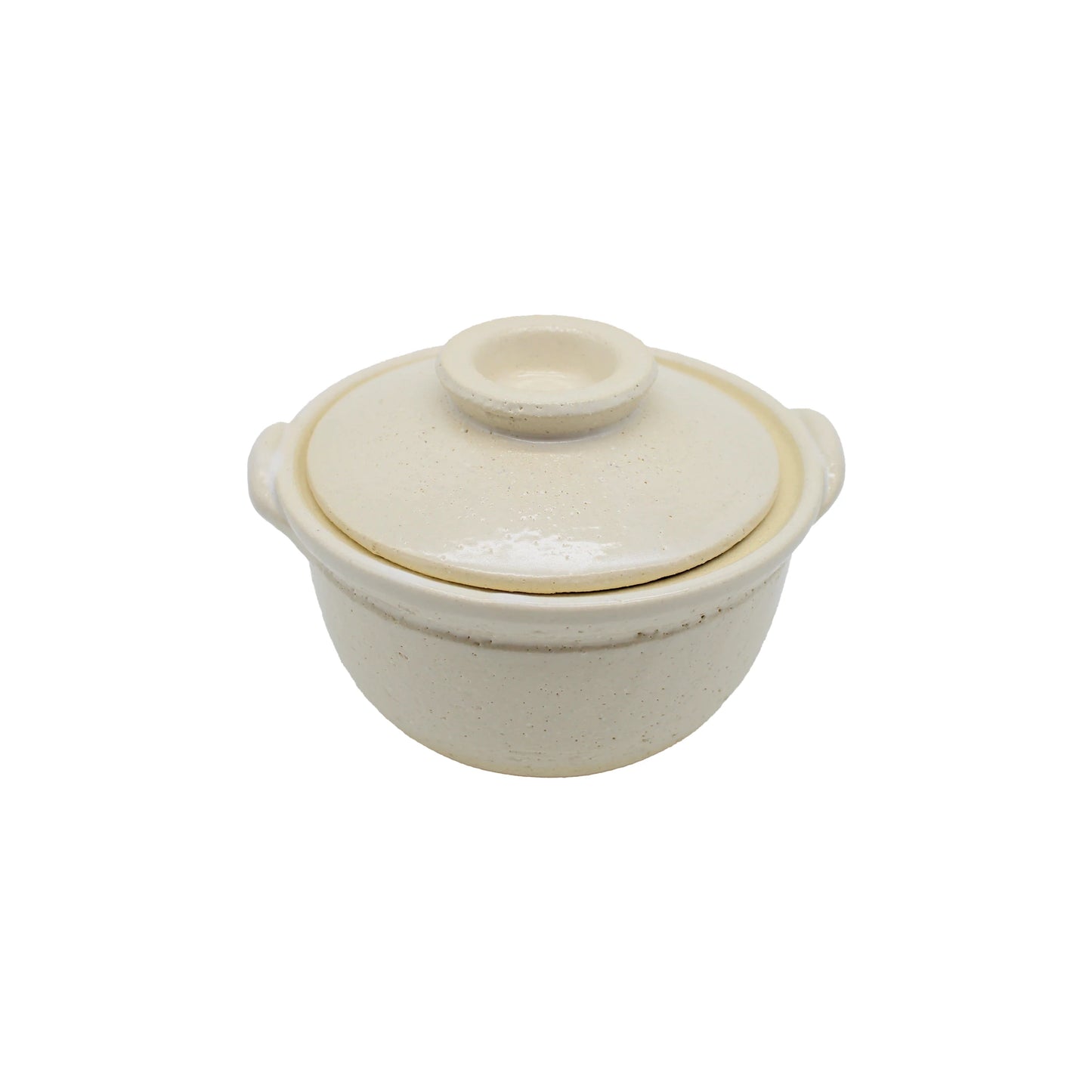 
                  
                    Introducing the Mini Donabe Pot - White: a round, off-white ceramic pot featuring two small side handles and a matching lid, elegantly styled and photographed against a white background. This refined piece of Japanese tableware draws its inspiration from traditional Iga ware craftsmanship.
                  
                
