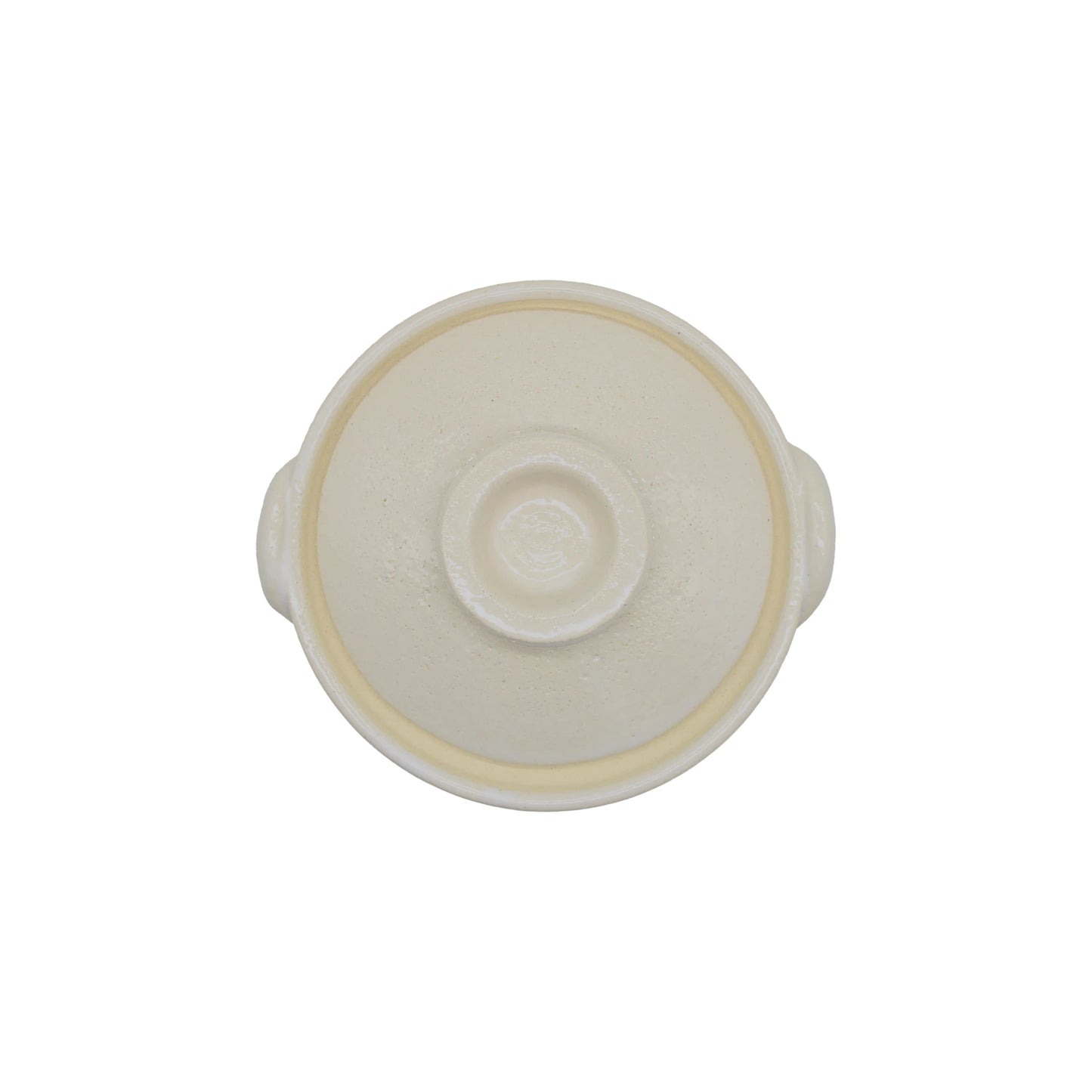 
                  
                    Top view of the Mini Donabe Pot - White, a round, cream-colored ceramic vessel with a lid and two small side handles inspired by traditional Japanese tableware. Crafted in the style of Iga ware, this mini donabe pot is beautifully isolated on a white background.
                  
                