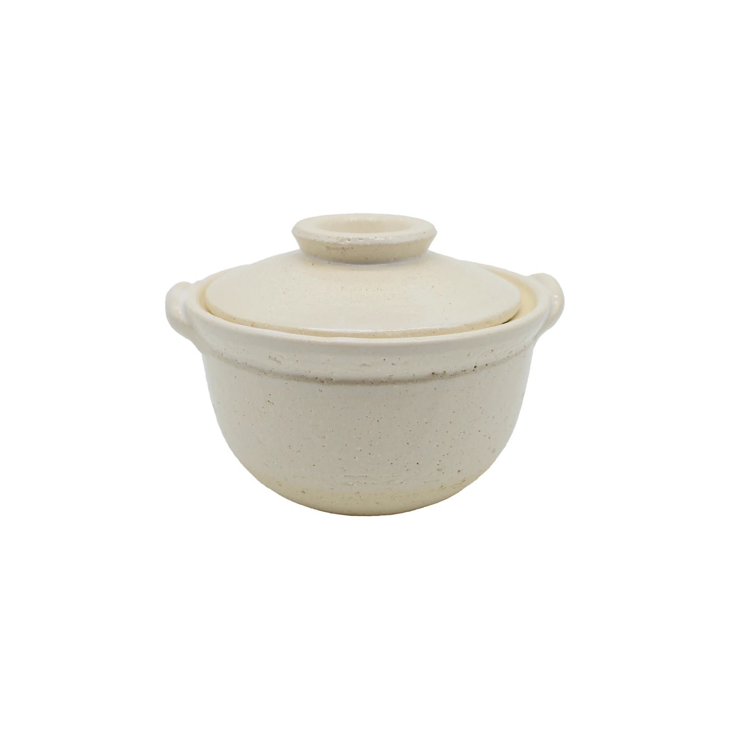 
                  
                    A white ceramic mini donabe pot with a matching lid and two small side handles, set against a plain white background.
                  
                
