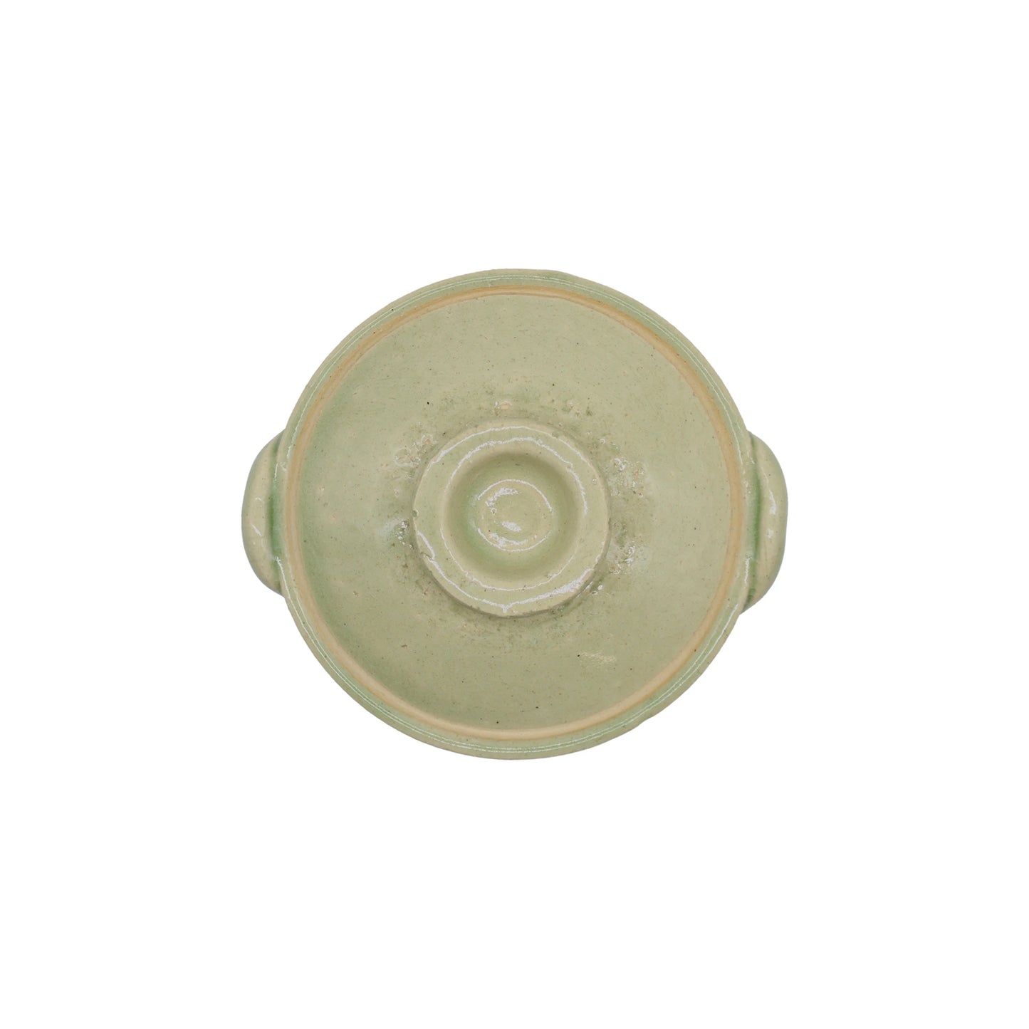 
                  
                    A top-down view of the Mini Donabe Pot - Green, a round, light green ceramic bowl with two side handles inspired by traditional Japanese tableware, set against a white background.
                  
                