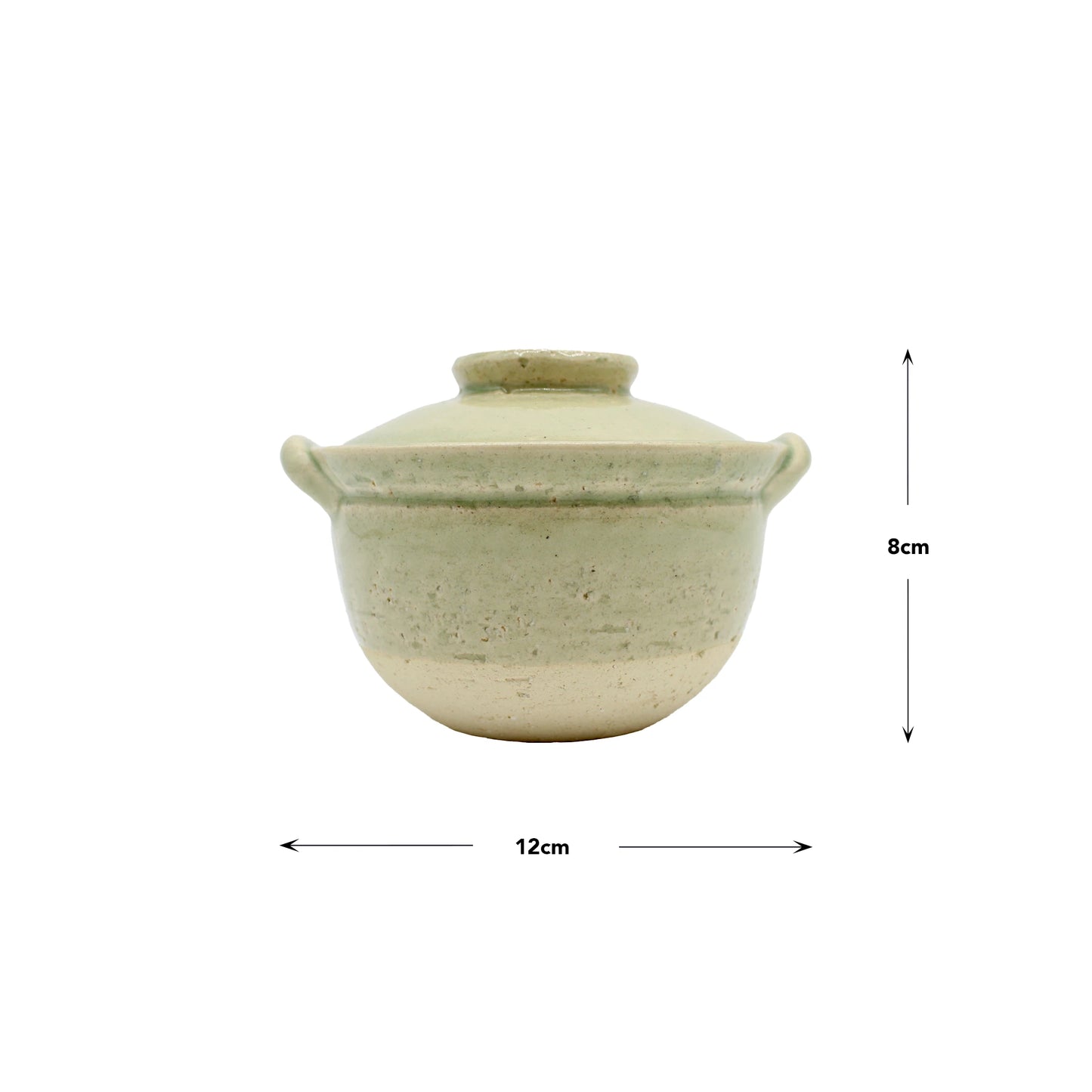 
                  
                    Mini Donabe Pot - Green with handles and lid, featuring a rough ceramic texture and traditional Japanese tableware inspiration. Measures 8 cm in height and 12 cm in width, with arrows indicating the dimensions.
                  
                