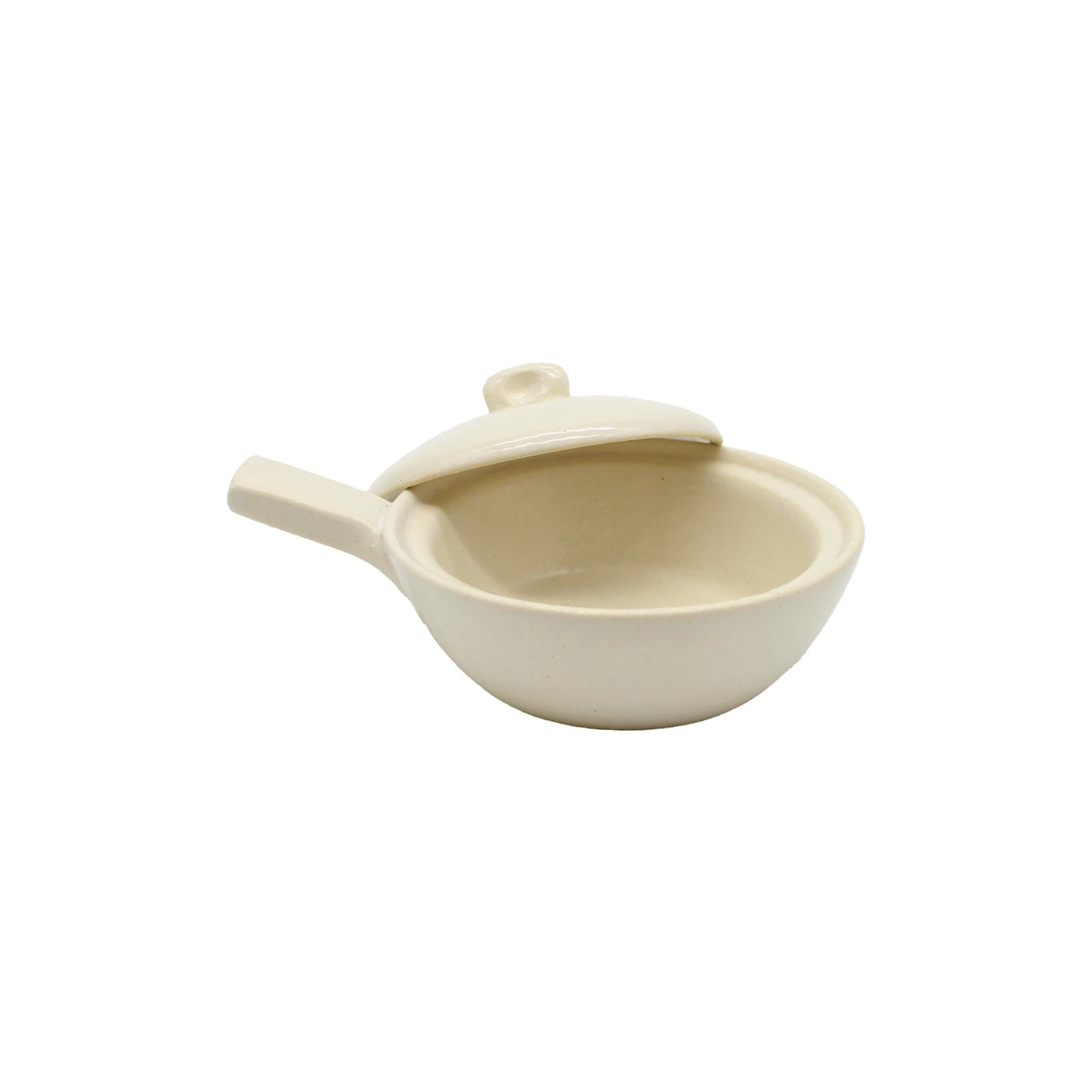 
                  
                    Mini Baking Dish - White: A small ceramic bowl with a handle and matching lid, shown slightly open on a plain white background—ideal as an individual oven dish or Japanese mini baking dish for single servings.
                  
                