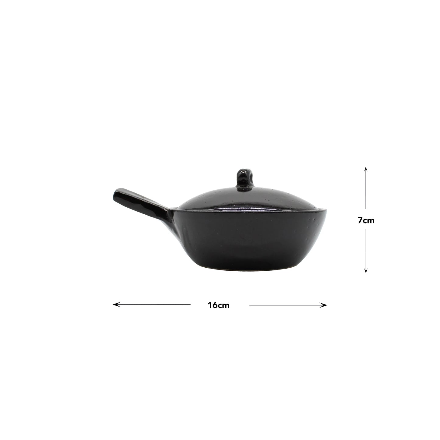 Mini Baking Dish - Black, shown in side view against a white background with measurement arrows, features a lid and measures 16 cm wide by 7 cm tall—a versatile Japanese ceramic pan ideal for preparing individual baked dishes.