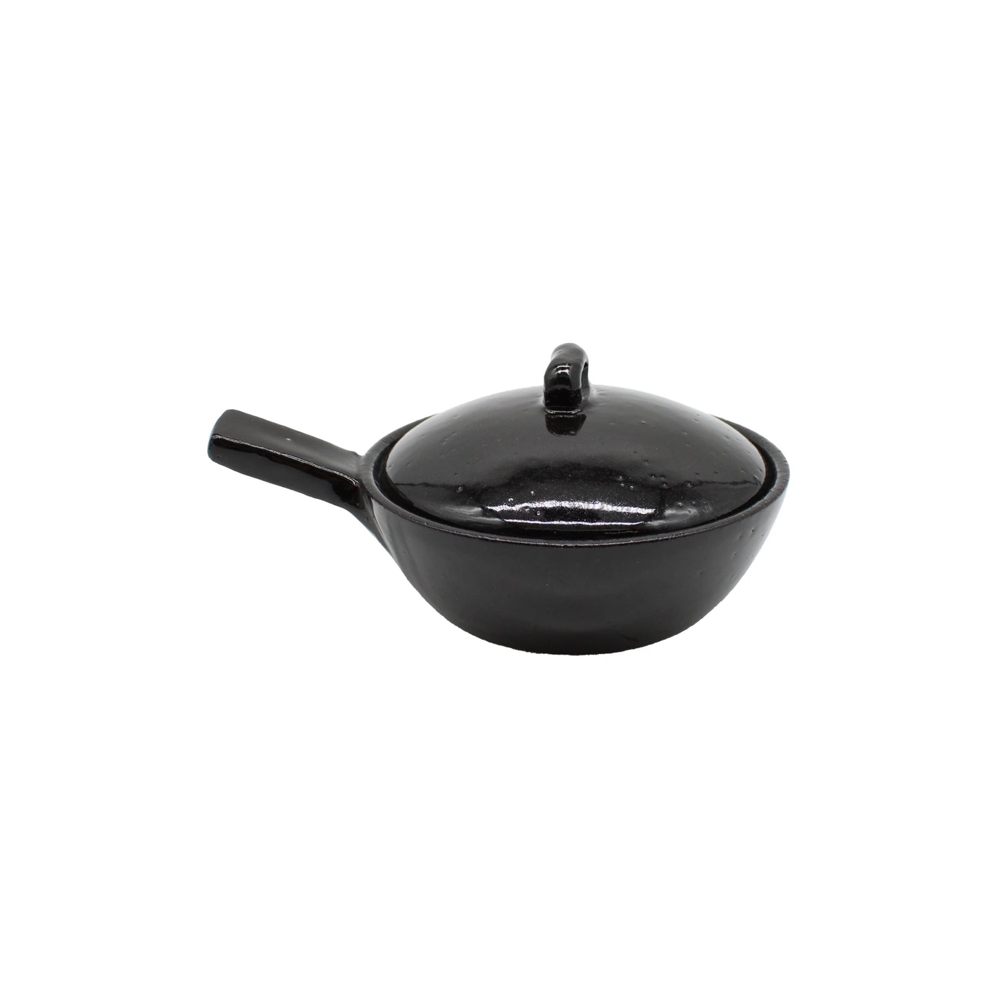 The Mini Baking Dish - Black, featuring a handle and a matching lid, is displayed against a plain white background.