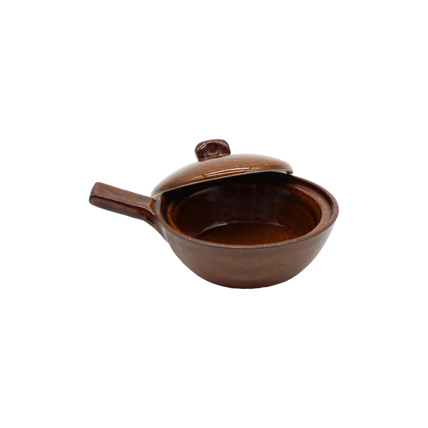 
                  
                    Small brown ceramic Mini Baking Dish – Ame with a handle and a partially open matching lid, displayed on a white background. This Japanese mini baking dish is oven and microwave safe, making it perfect for serving individual baked dishes in style.
                  
                