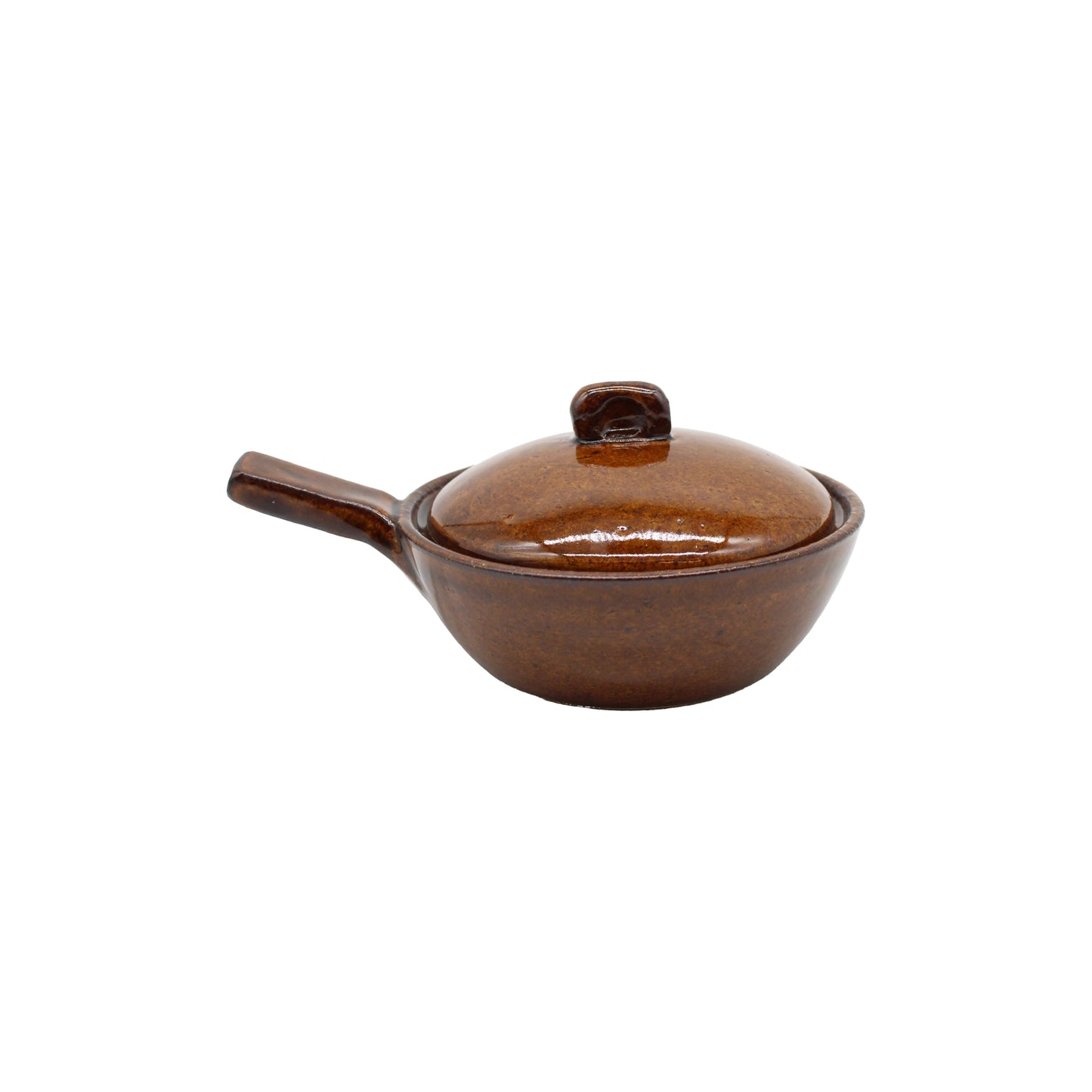 Mini Baking Dish - Ame: This brown ceramic pot with lid and single handle is shown on a white background—perfect for individual Japanese baked dishes. The oven- and microwave-safe Mini Baking Dish - Ame combines functionality with classic design.