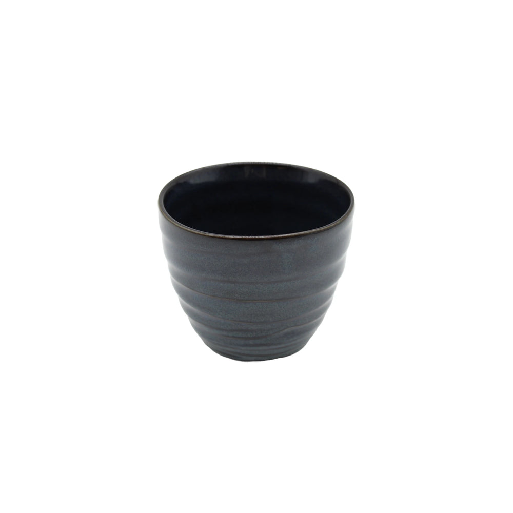 A compact dark gray Tea Mug - Neptune with a gently rounded shape and horizontal ridges, highlighting ceramic craftsmanship, displayed on a plain white background.