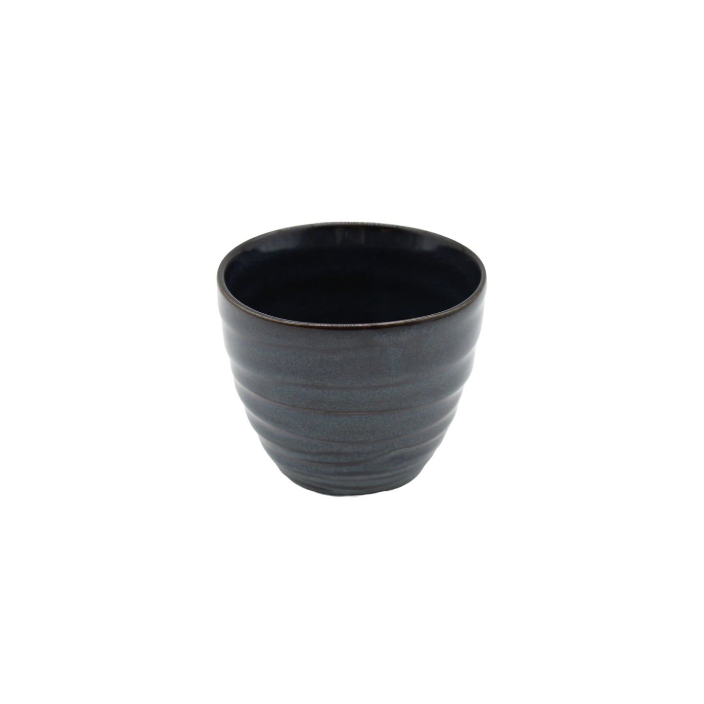A compact dark gray Tea Mug - Neptune with a gently rounded shape and horizontal ridges, highlighting ceramic craftsmanship, displayed on a plain white background.