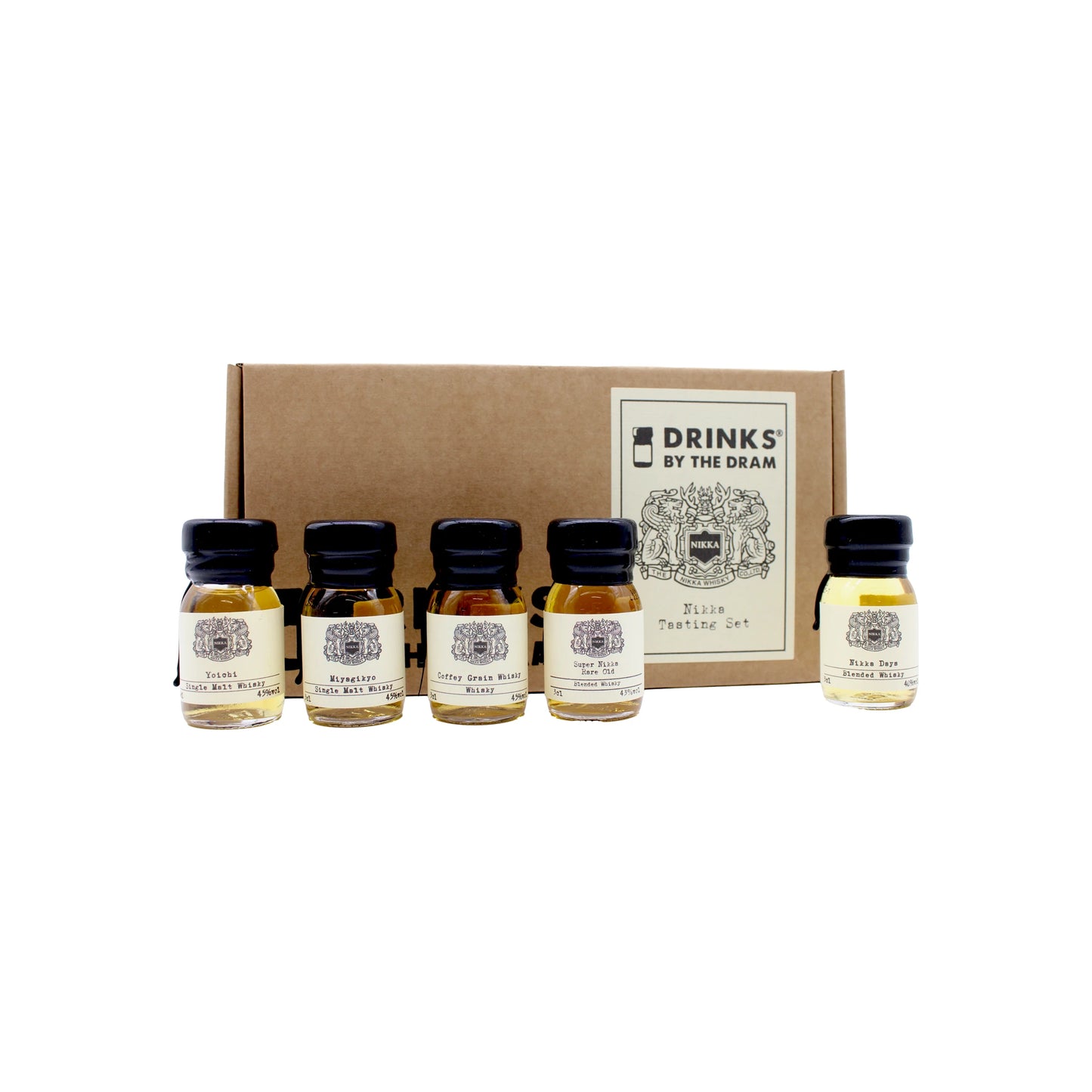 The Nikka Whisky Tasting Set features a brown Drinks by the Dram box with five small glass bottles, perfect for sampling Nikka Whisky and other renowned Japanese whisky selections.