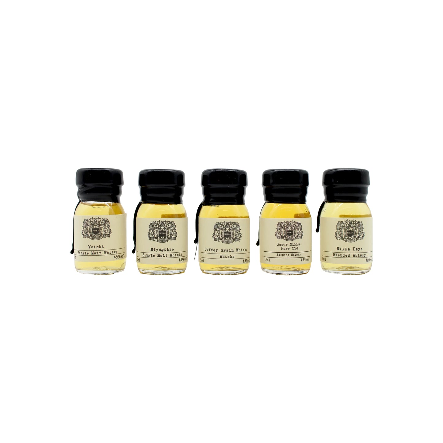 
                  
                    The Nikka Whisky Tasting Set includes five small glass bottles with black caps, each holding light amber Japanese whisky and featuring cream-colored labels with text and a decorative emblem—ideal for tastings.
                  
                