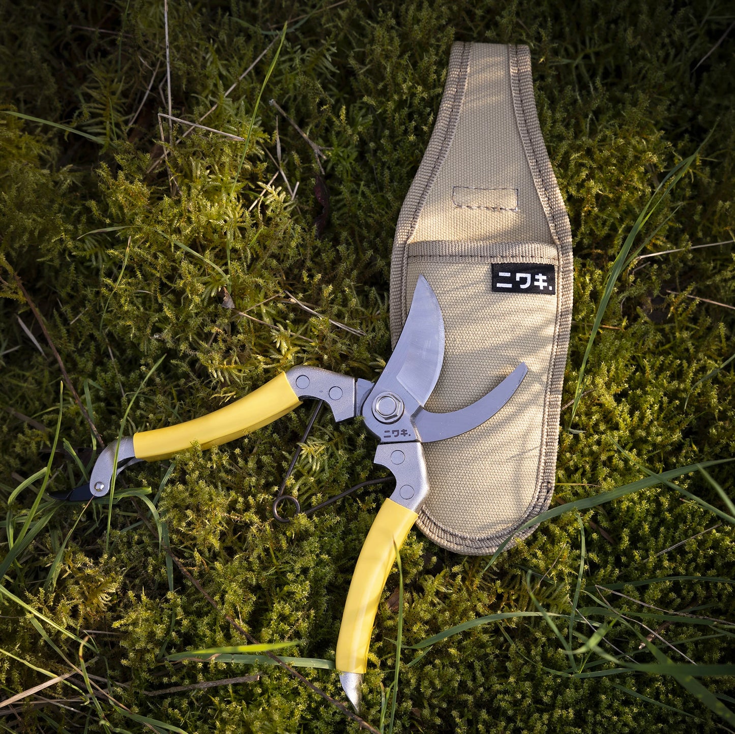 
                  
                    A pair of Niwaki Daikiba Secateurs with yellow handles lies on green moss beside a tan fabric holster, which has a label with Japanese characters.
                  
                