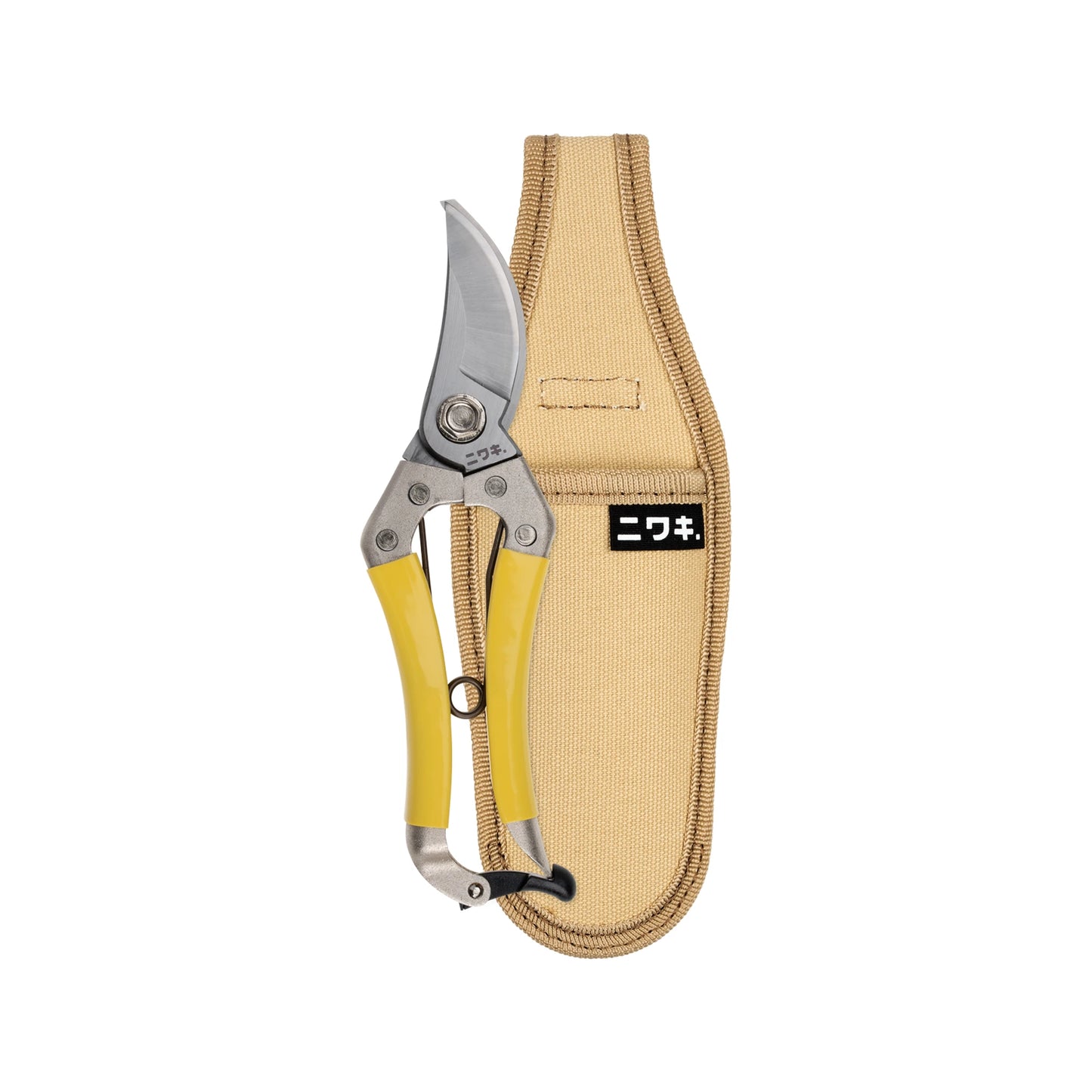 Niwaki Daikiba Secateurs, featuring a yellow handle and sharp SLD carbon steel blade, are shown beside a beige fabric sheath with a black and white label, all set against a white background.