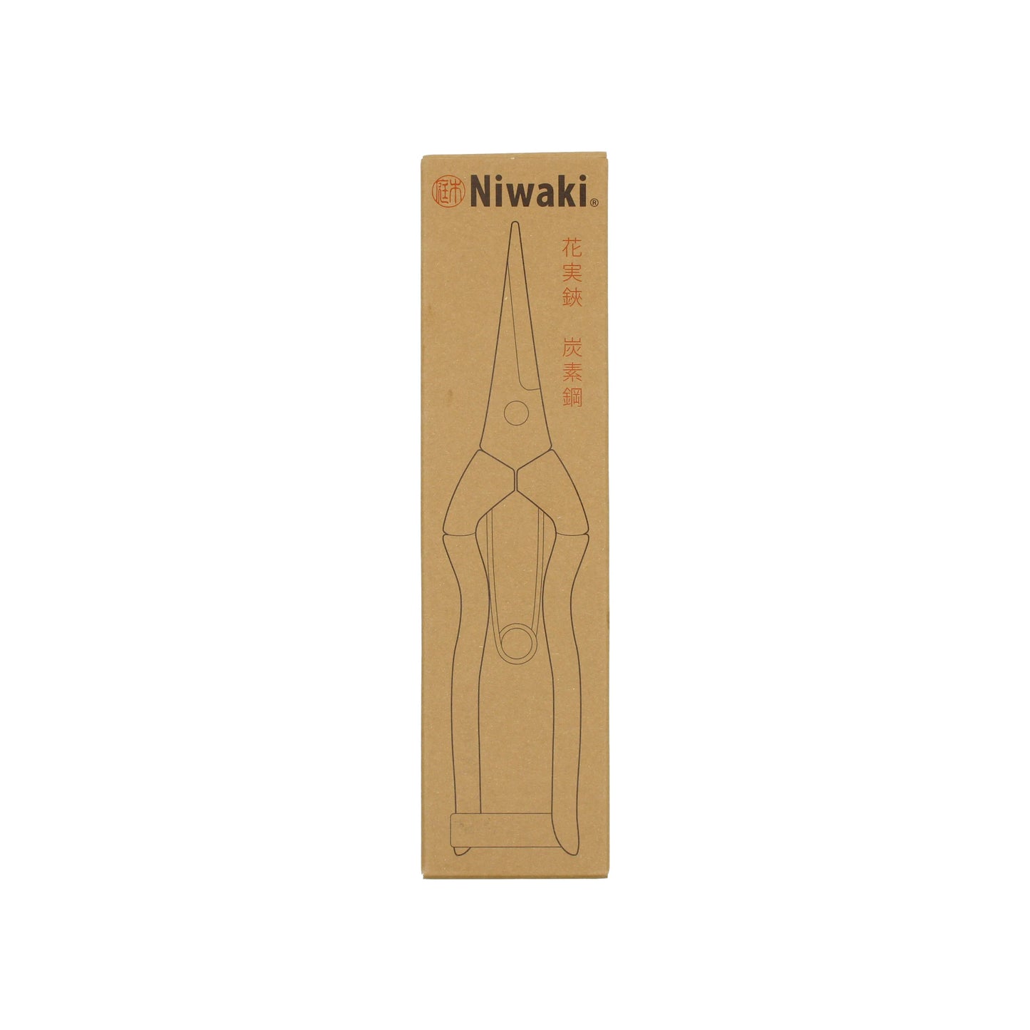 
                  
                    Brown cardboard box featuring a line drawing of pruning shears and "Niwaki" in red at the top left; ideal for fans of Japanese gardening or for precise herb harvesting using Niwaki Garden Snips.
                  
                
