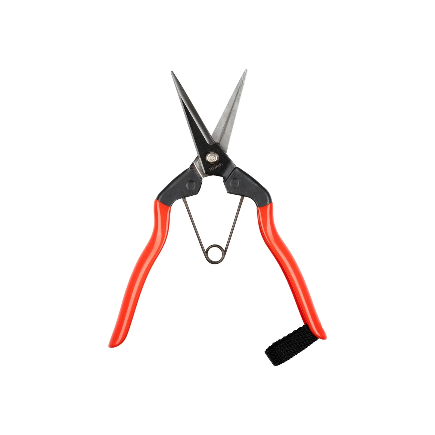 The Niwaki Garden Snips feature red handles and a black safety strap, shown open on a white background—perfect for harvesting herbs or enhancing your Japanese garden tool collection.