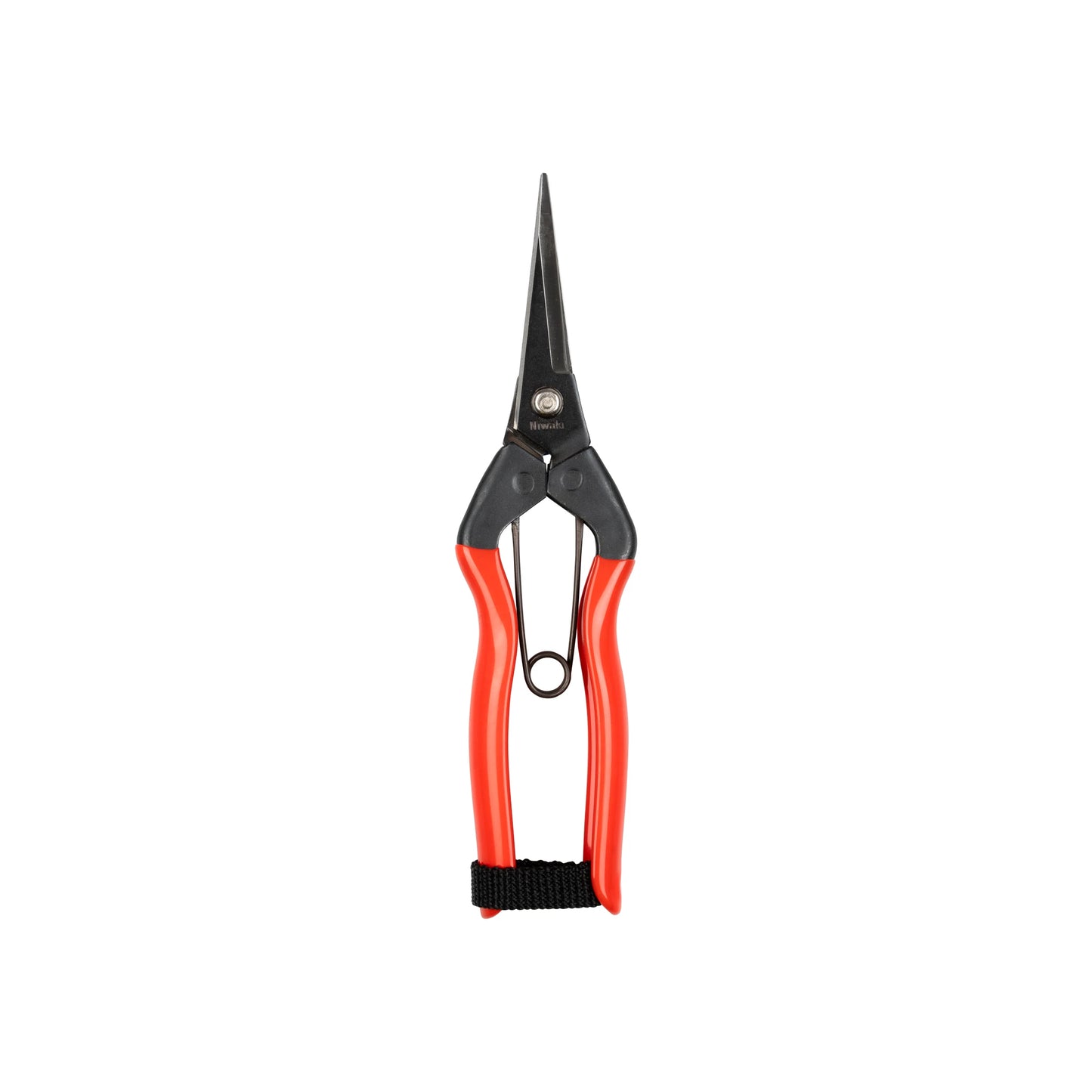 Niwaki Garden Snips with black blades and red handles, shown closed on a white background—an essential tool for any Japanese garden collection.