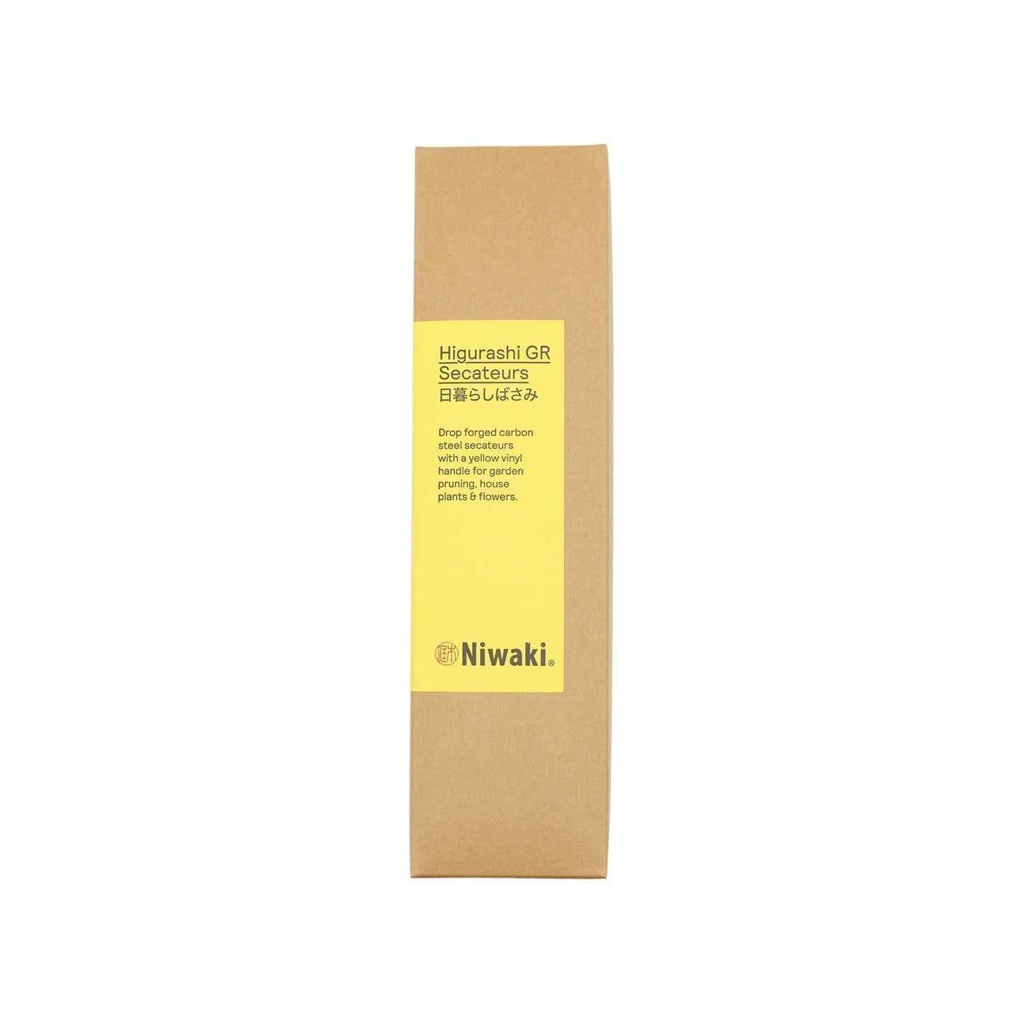 
                  
                    A rectangular brown box with a yellow label reading "Niwaki Higurashi GR Secateurs," describing drop-forged carbon steel secateurs for garden pruning of plants and flowers.
                  
                