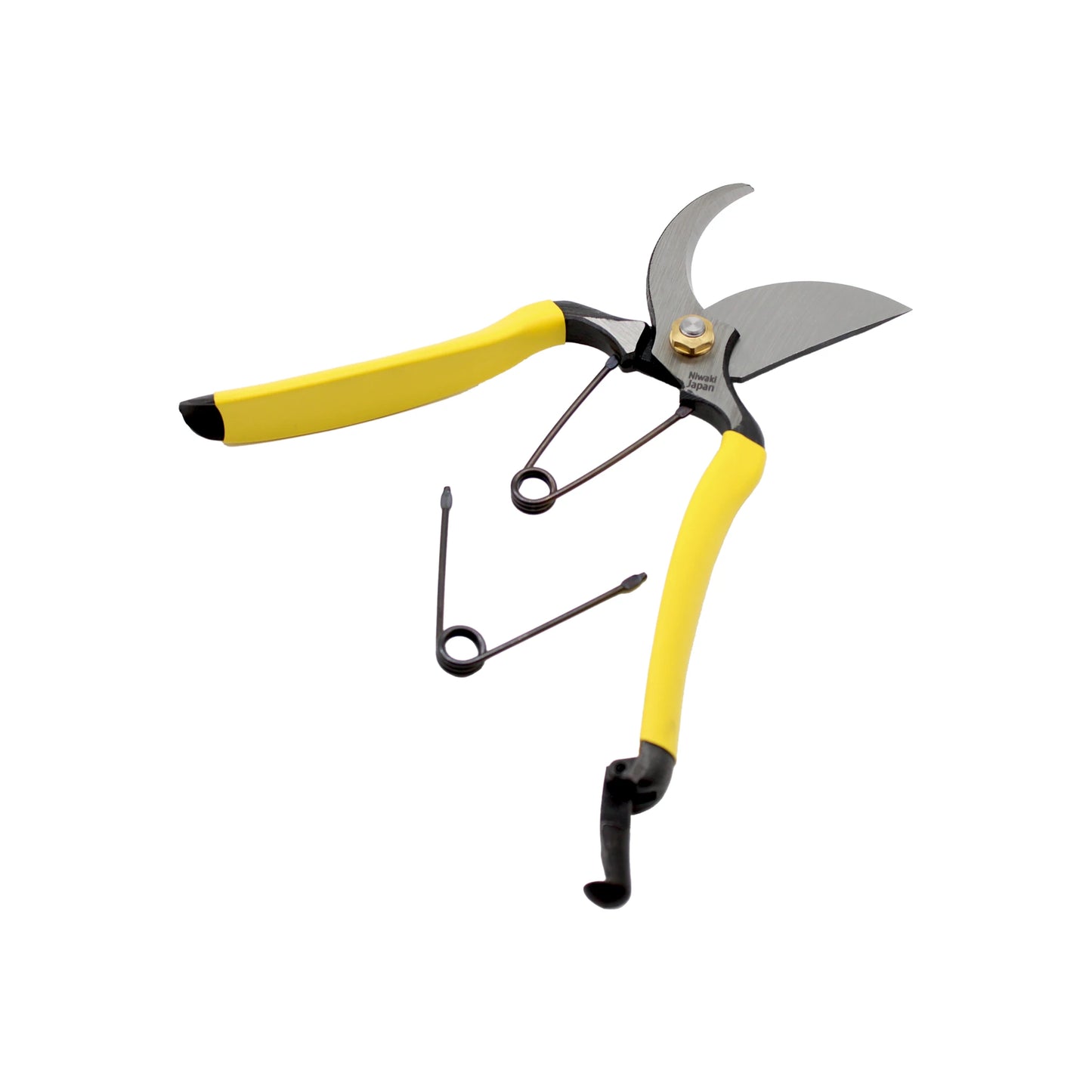 
                  
                    The Niwaki Higurashi GR Secateurs feature yellow handles and sharp carbon steel blades, shown with a detached metal spring on a white background.
                  
                