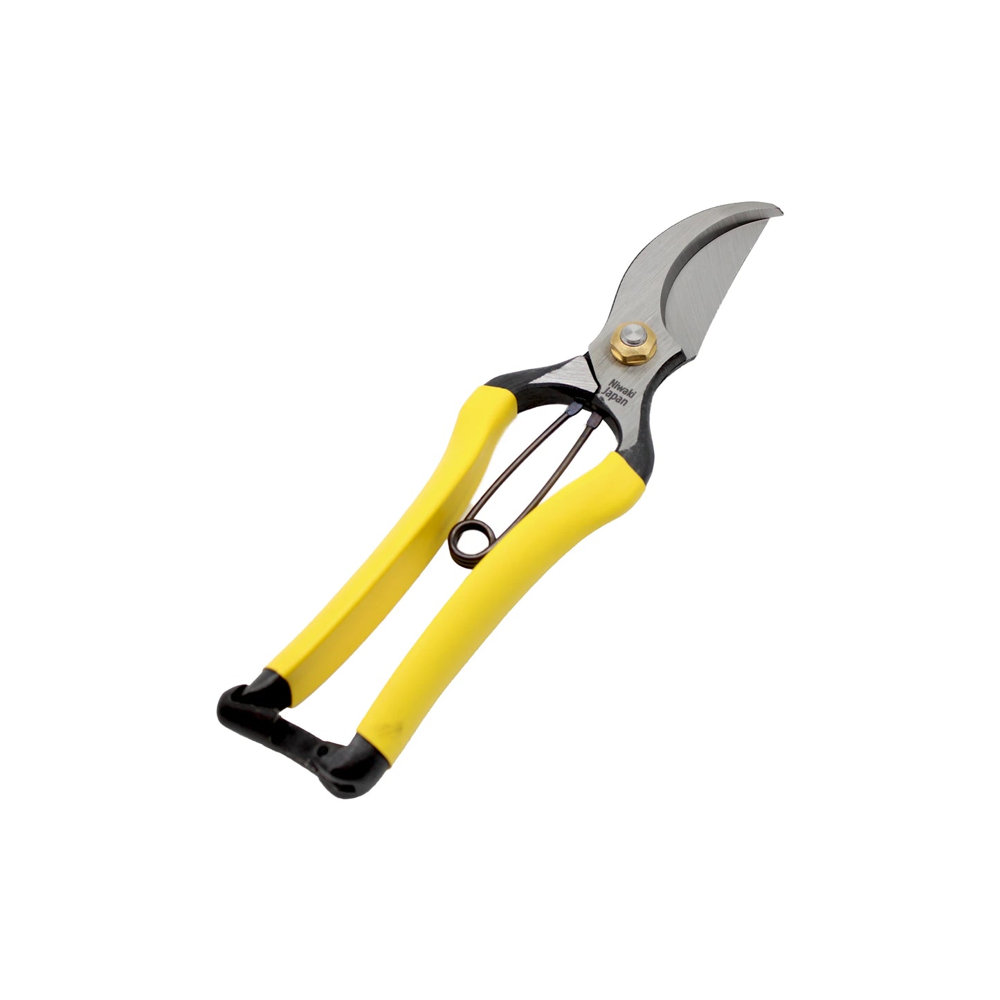 
                  
                    The Niwaki Higurashi GR Secateurs feature yellow handles and sharp carbon steel blades, shown isolated on a white background.
                  
                
