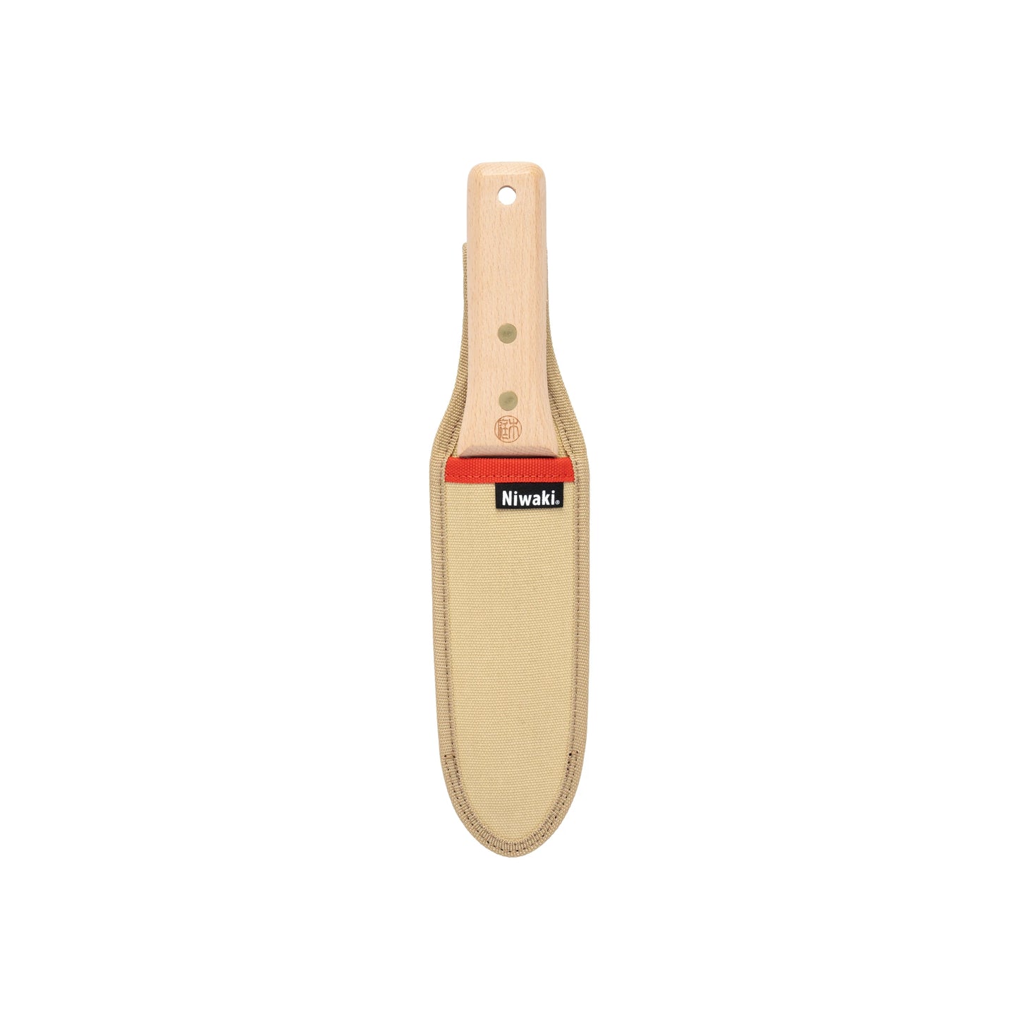 The Niwaki Hori Hori Pro garden digging knife, with a light wooden handle and beige canvas sheath featuring its label, is pictured against a white background.
