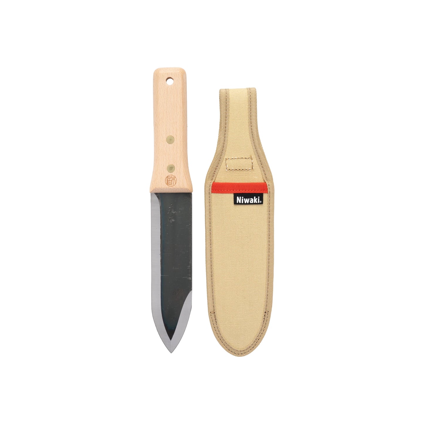 The Niwaki Hori Hori Pro garden knife, featuring a wooden handle and a tan Niwaki-labeled fabric sheath, is shown side by side on a white background.