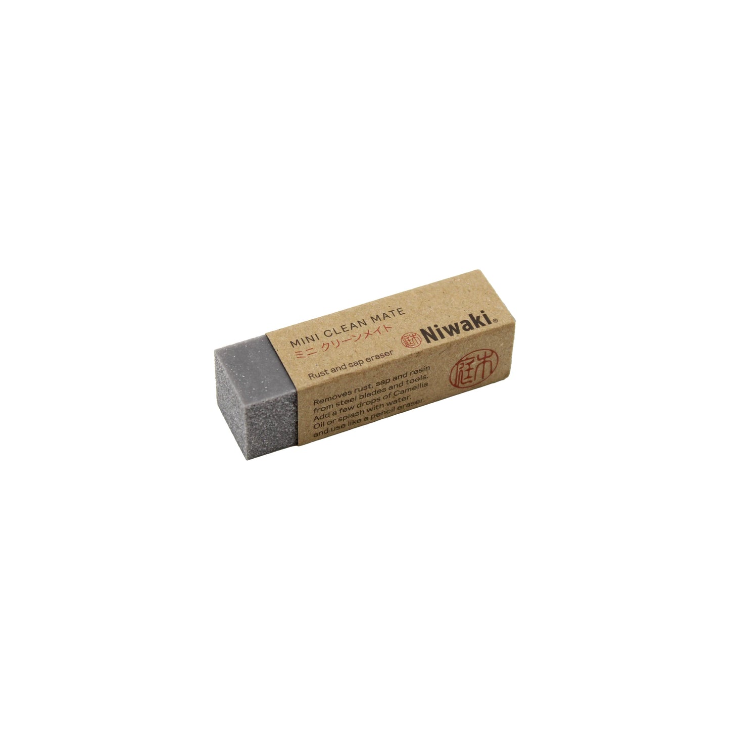 
                  
                    The Niwaki Mini Clean Mate - Rust and Sap Eraser is a compact rectangular cleaning block with a grey abrasive end and brown paper label, ideal for maintaining carbon steel blades by removing rust and sap.
                  
                