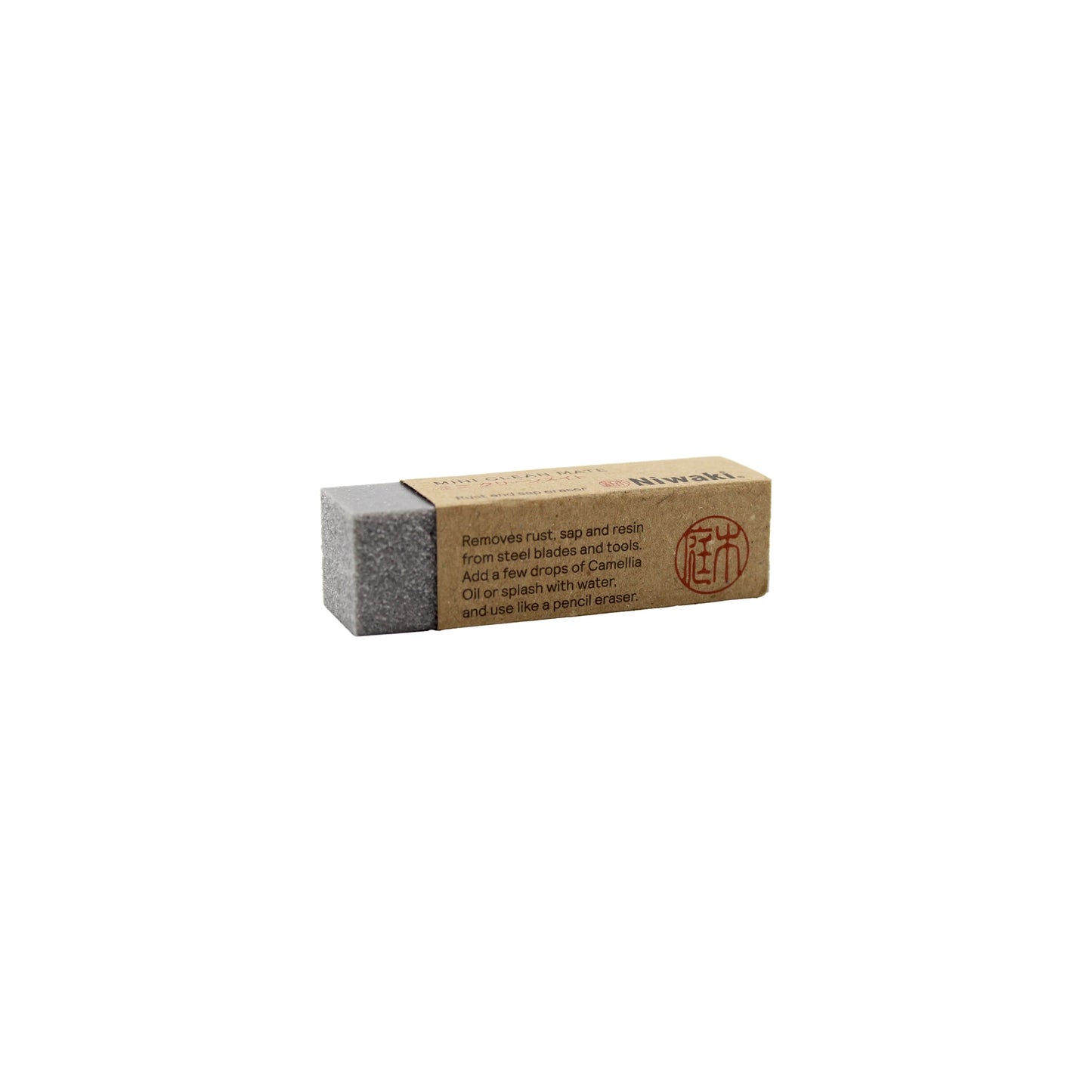 
                  
                    The Niwaki Mini Clean Mate - Rust and Sap Eraser is a rectangular gray tool with a brown paper label, perfect for removing rust, sap, and resin from steel blades and tools—ideal for precise carbon steel blade care.
                  
                