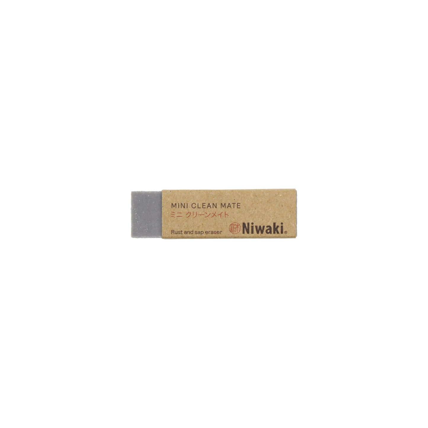 
                  
                    The Niwaki Mini Clean Mate - Rust and Sap Eraser is a rectangular garden tool cleaning block with a brown paper label and a gray abrasive end, perfect for carbon steel blade care, shown on a white background.
                  
                