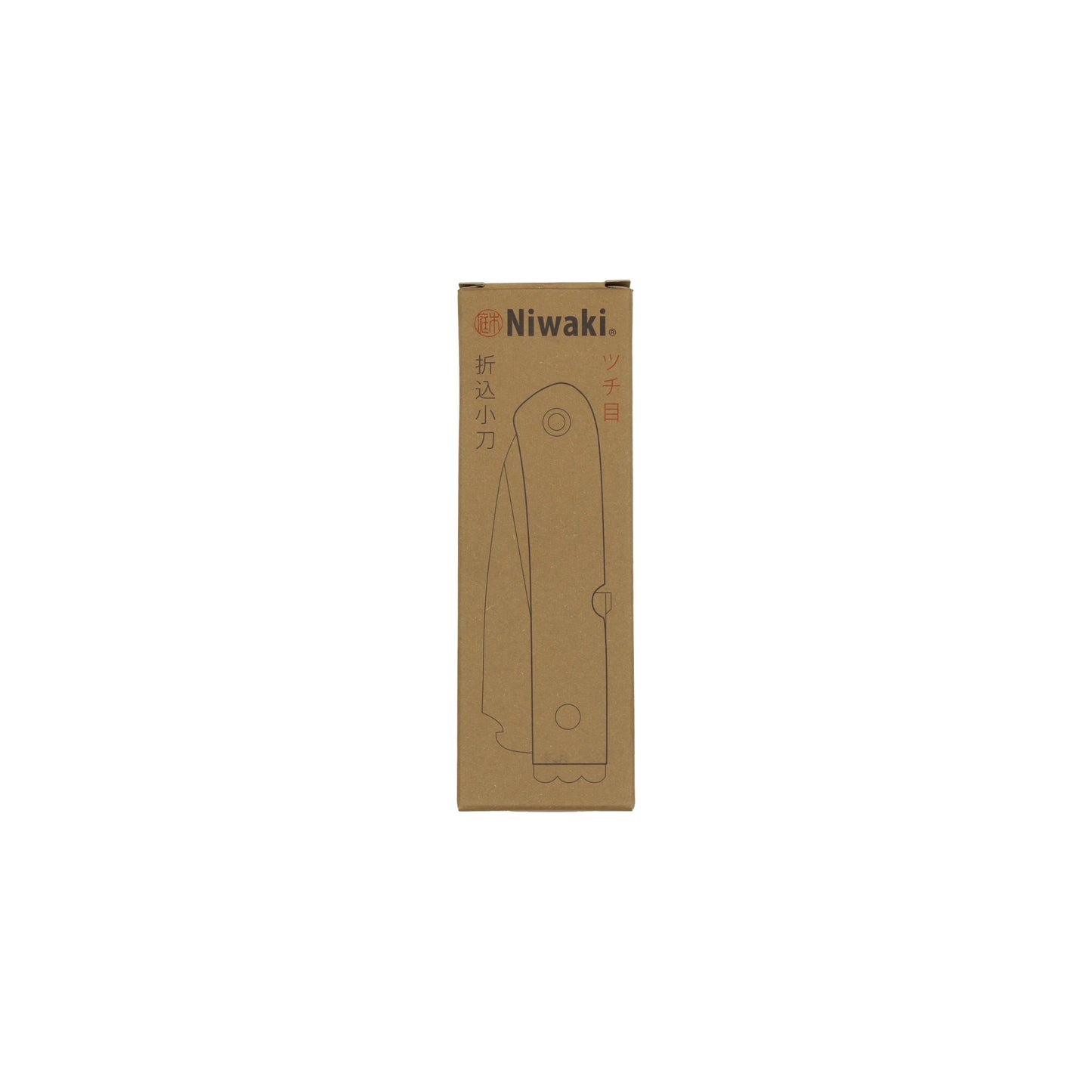 
                  
                    A rectangular brown cardboard box with Niwaki branding and a simple outline drawing of the Niwaki Moku Folding Garden Knife, featuring a single bevel blade, on the front.
                  
                