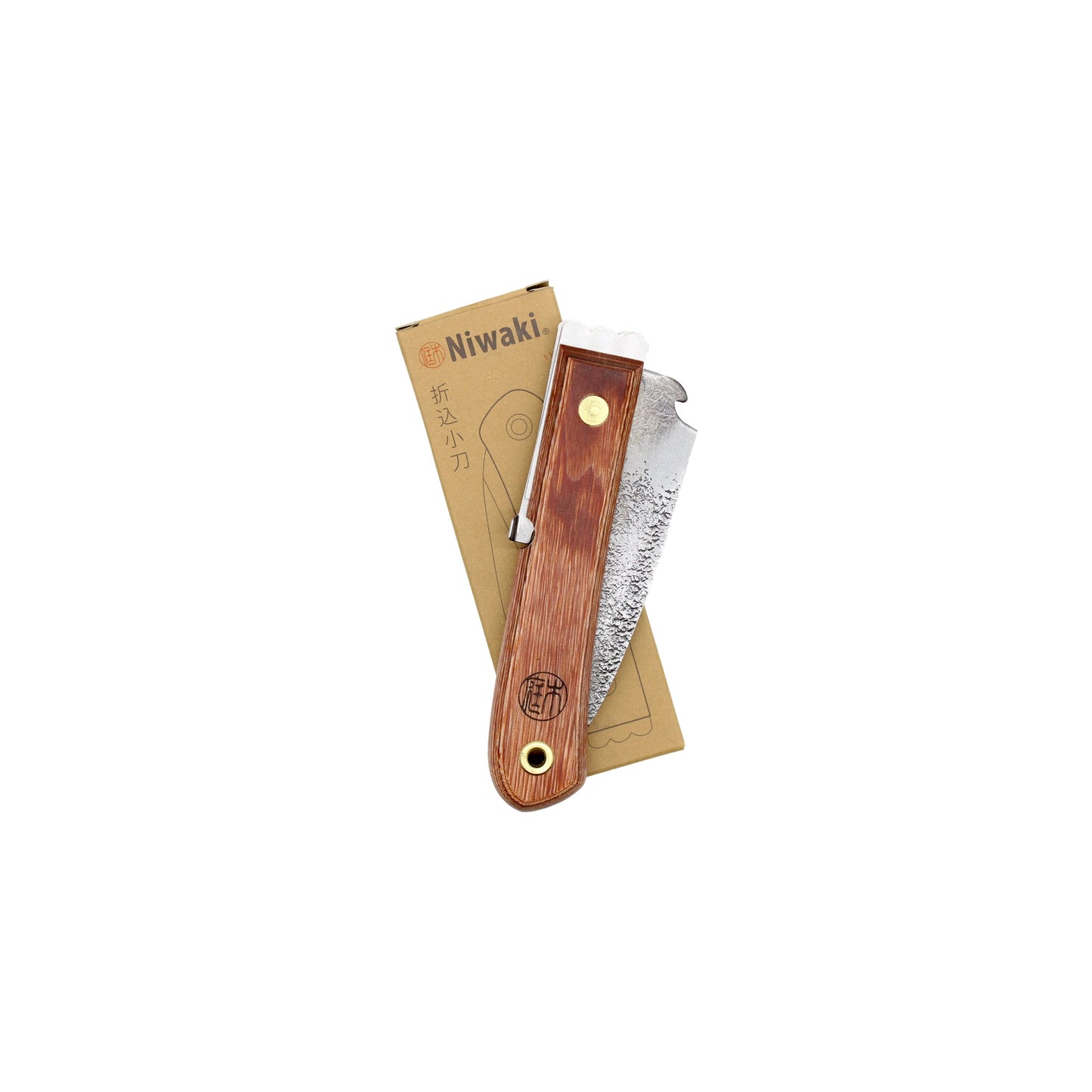 The Niwaki Moku Folding Garden Knife, featuring a wooden handle and stainless steel single bevel blade, is placed on top of a brown Niwaki branded box.